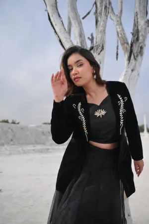Saira Black Velvet Blazer with Handcrafted Embellishments, Made to Order