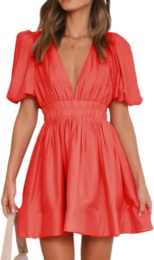Sexy Summer Dresses for Women 2025 Puff Short Sleeve V Neck Mini Dress A Line Elastic High Waist Flowy Swing Dresses