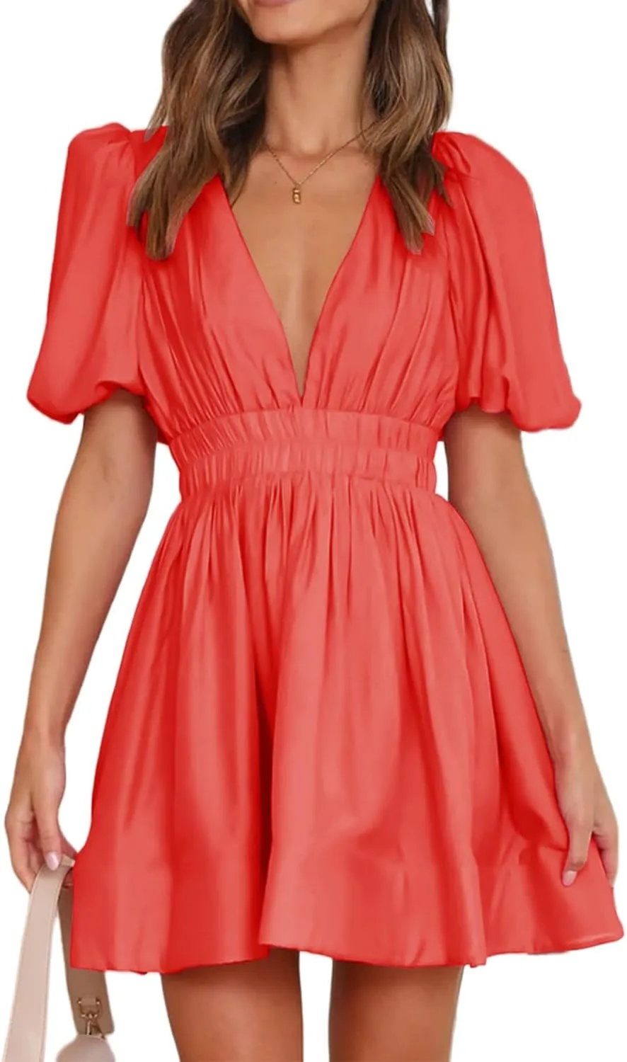 Sexy Summer Dresses for Women 2025 Puff Short Sleeve V Neck Mini Dress A Line Elastic High Waist Flowy Swing Dresses