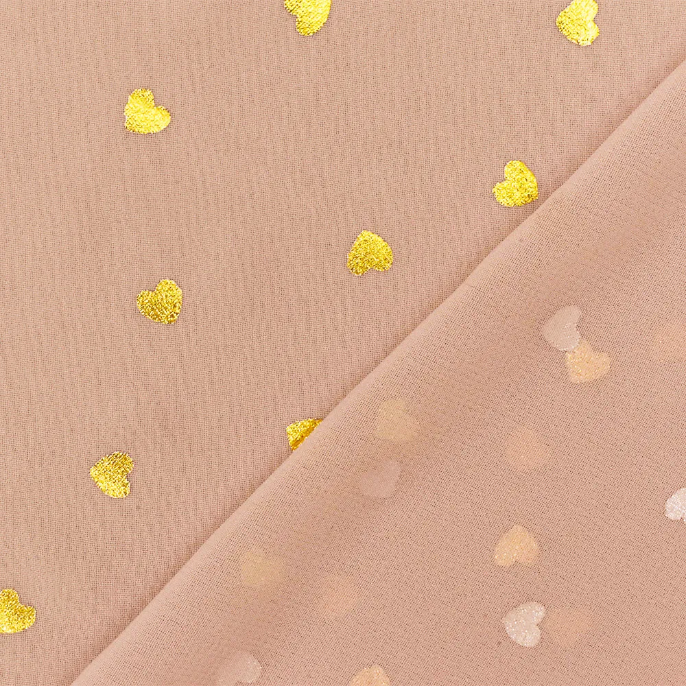Soft Peach-Gold Heart Foil Printed Poly Chiffon Woven Fabric