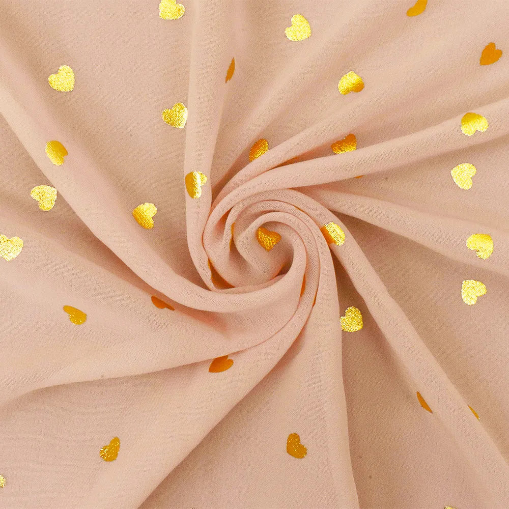 Soft Peach-Gold Heart Foil Printed Poly Chiffon Woven Fabric