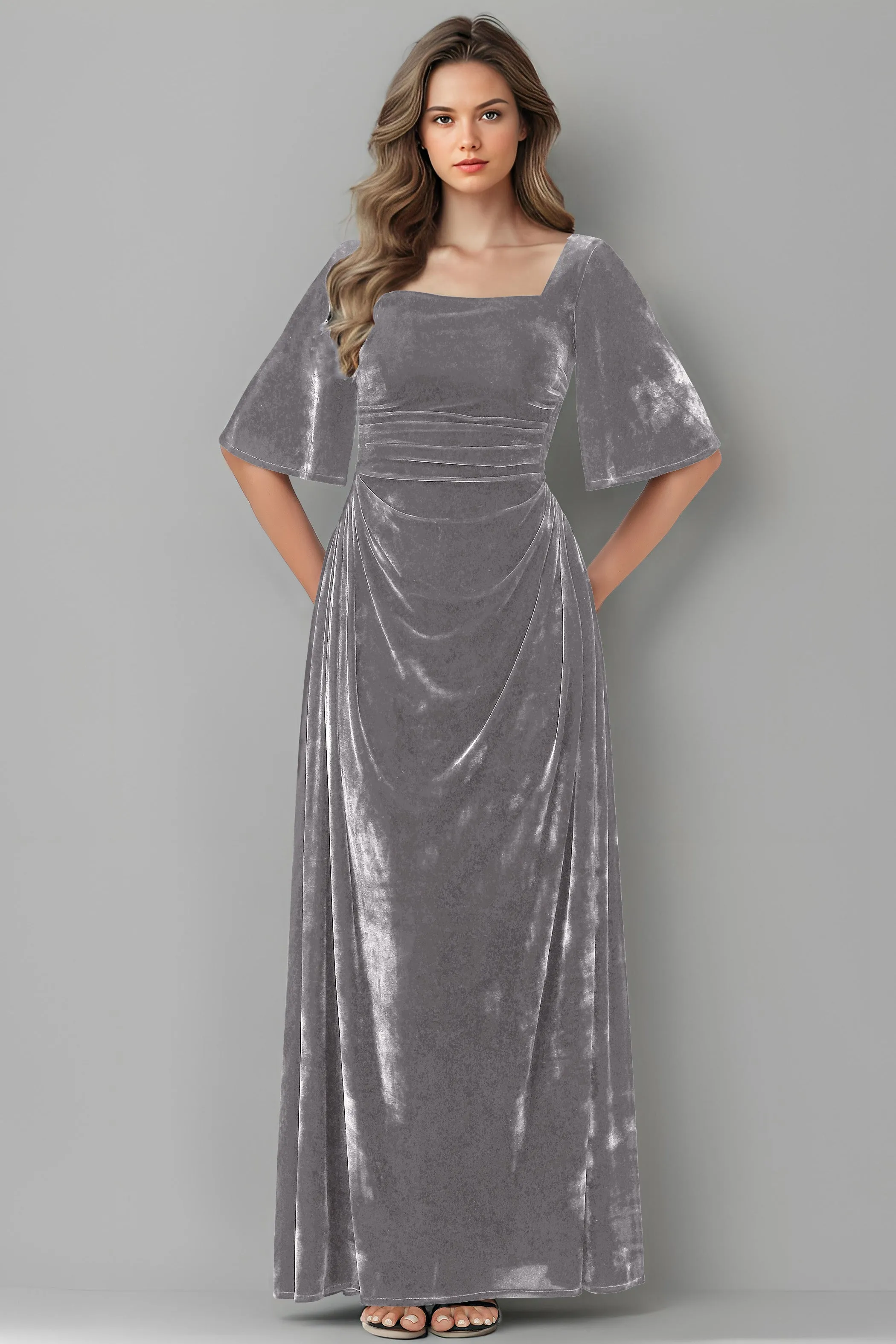 Square Neck Simple A Line Half Sleeves Velvet Bridesmaid Dresses