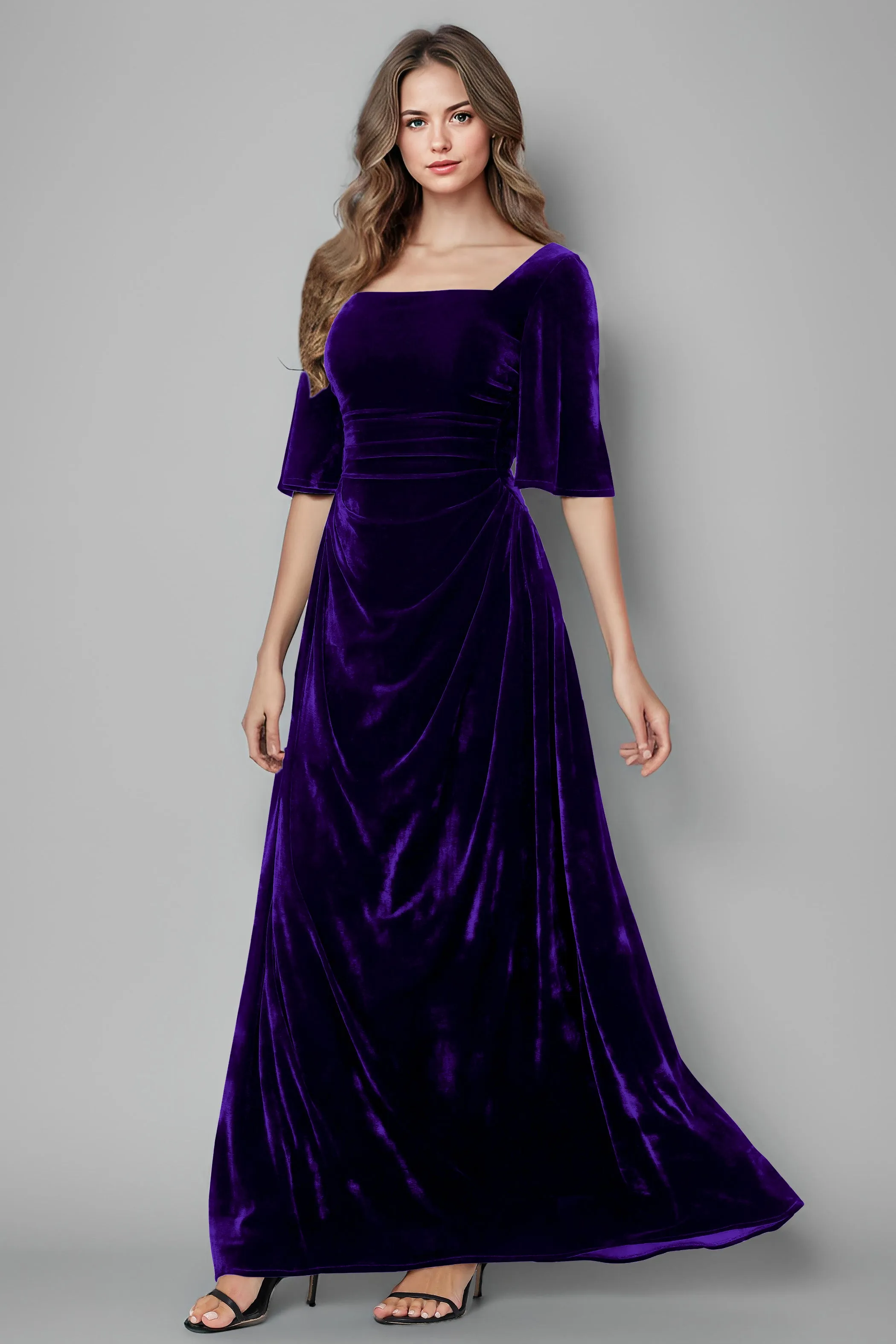 Square Neck Simple A Line Half Sleeves Velvet Bridesmaid Dresses