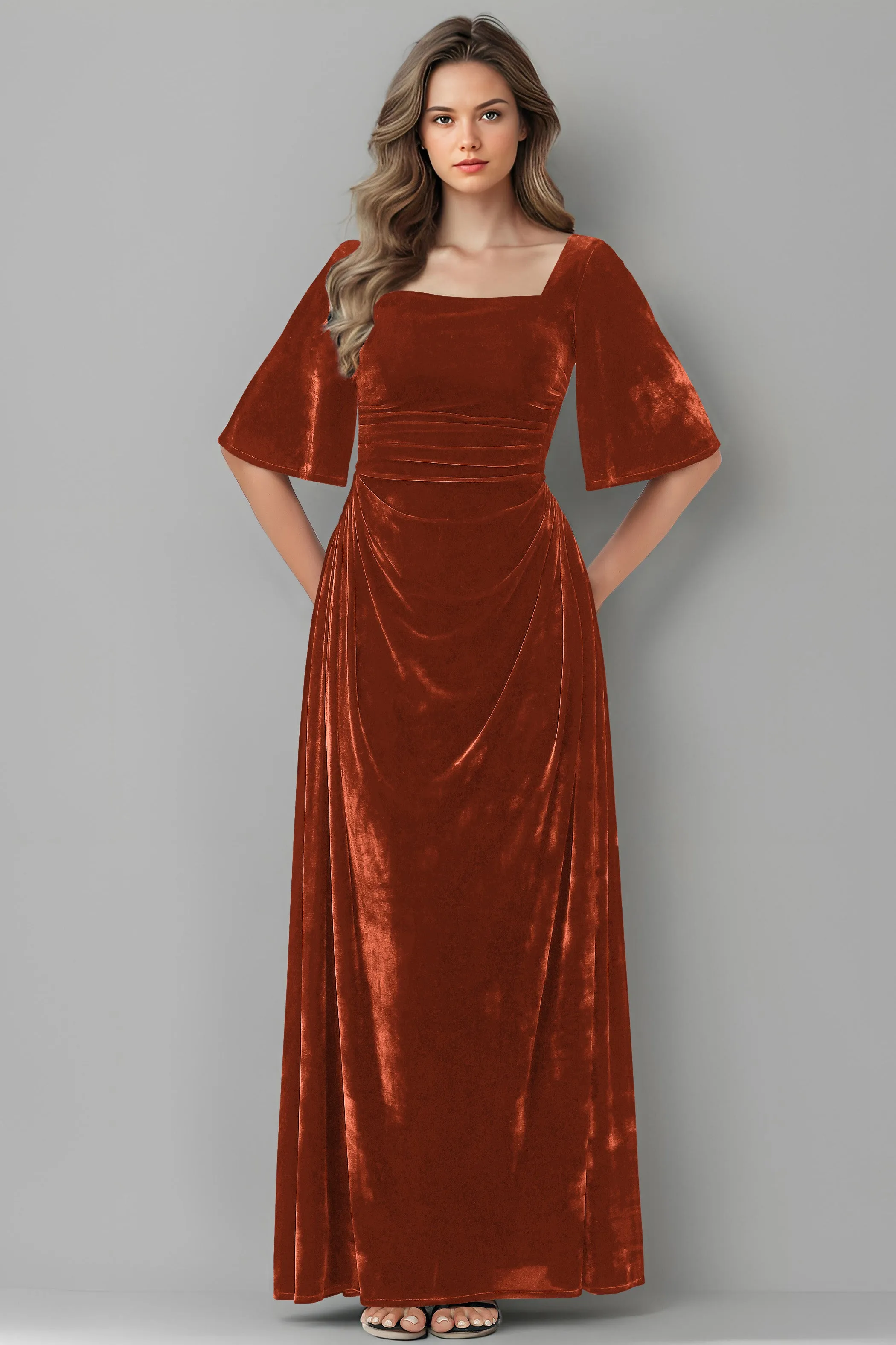 Square Neck Simple A Line Half Sleeves Velvet Bridesmaid Dresses