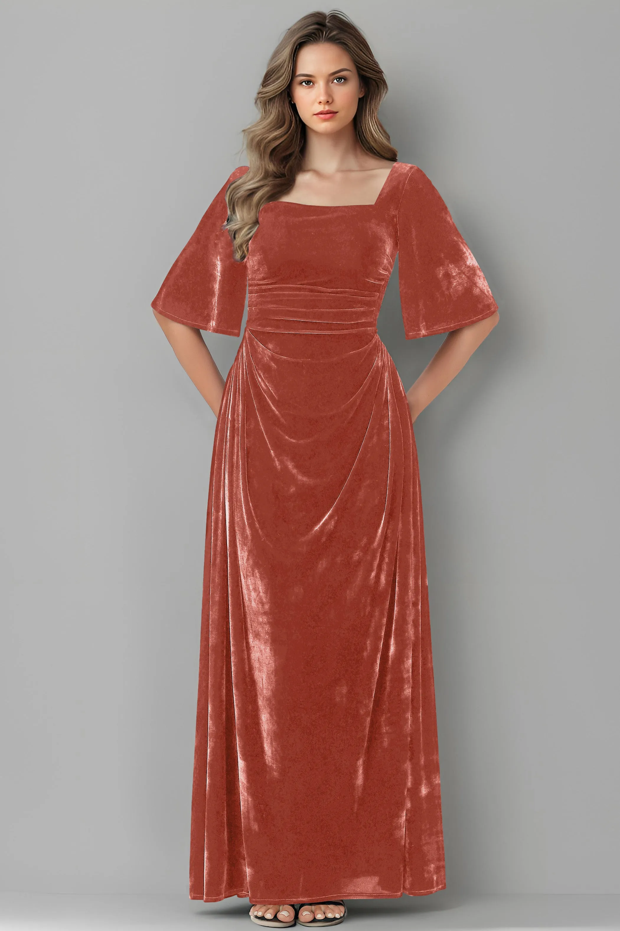 Square Neck Simple A Line Half Sleeves Velvet Bridesmaid Dresses