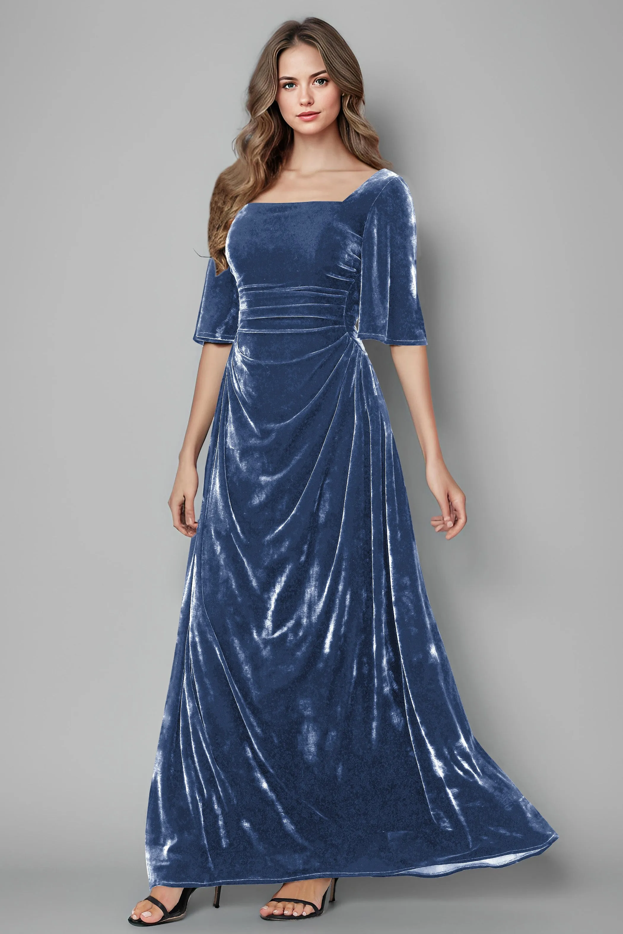 Square Neck Simple A Line Half Sleeves Velvet Bridesmaid Dresses