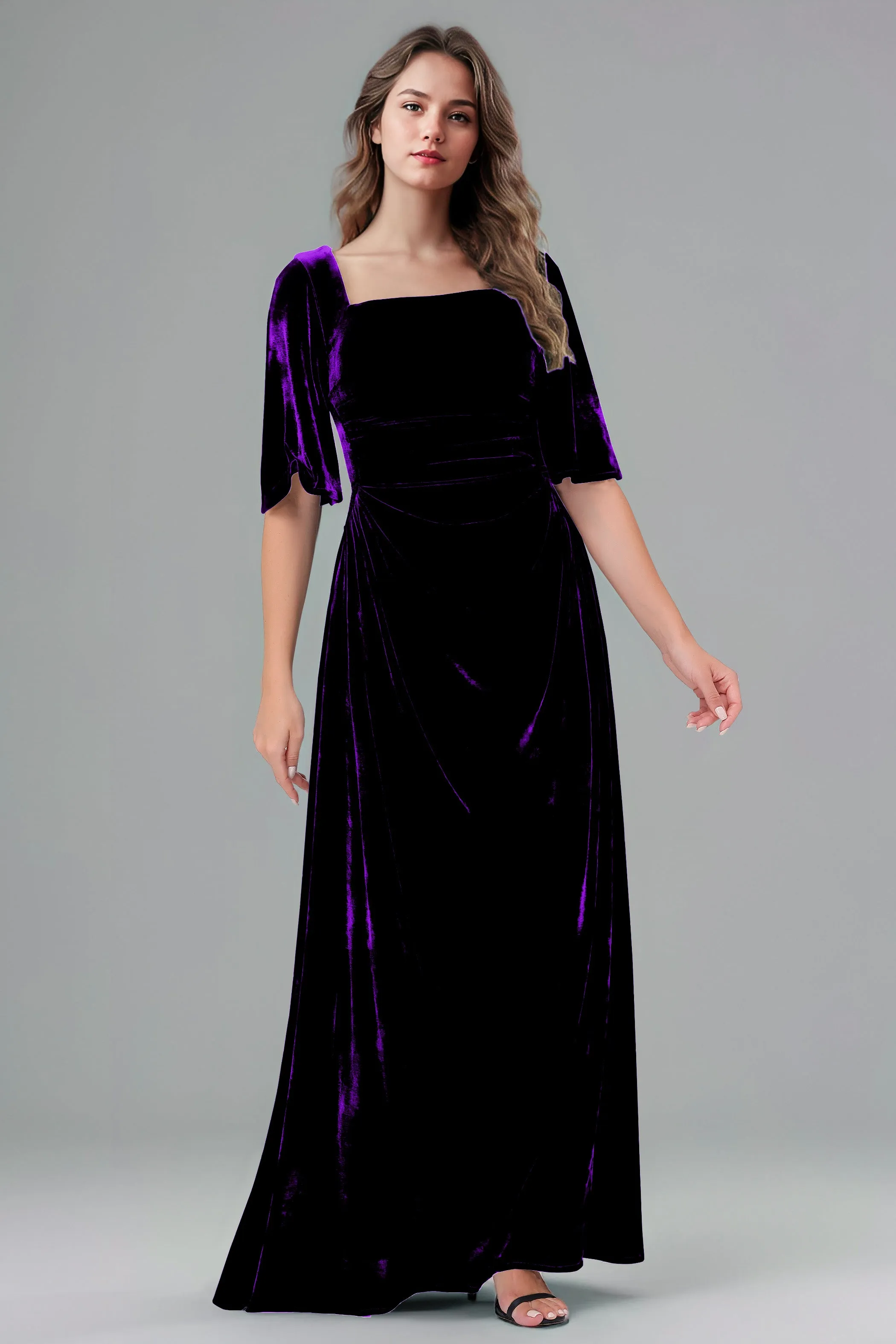 Square Neck Simple A Line Half Sleeves Velvet Bridesmaid Dresses