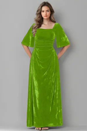 Square Neck Simple A Line Half Sleeves Velvet Bridesmaid Dresses