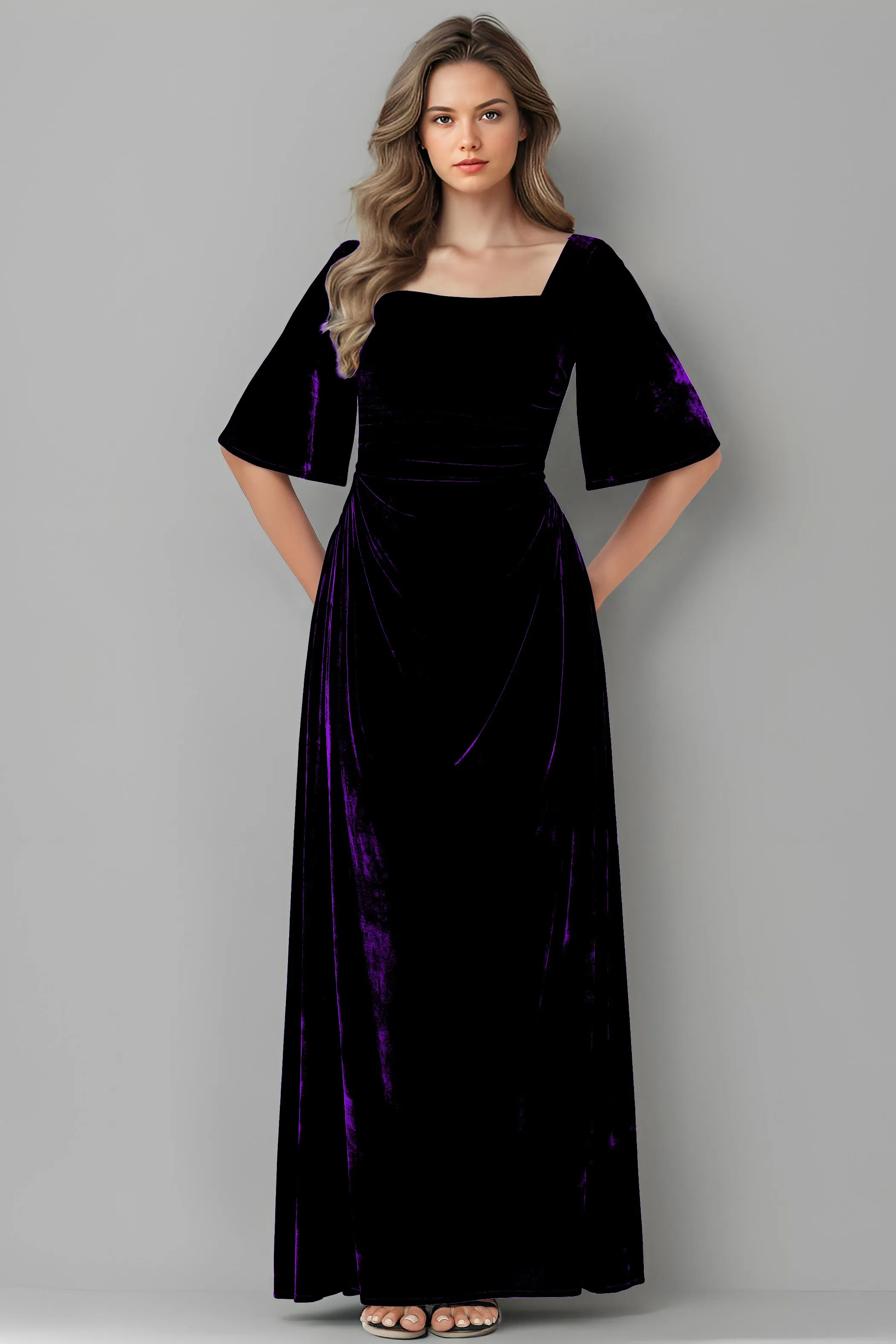 Square Neck Simple A Line Half Sleeves Velvet Bridesmaid Dresses