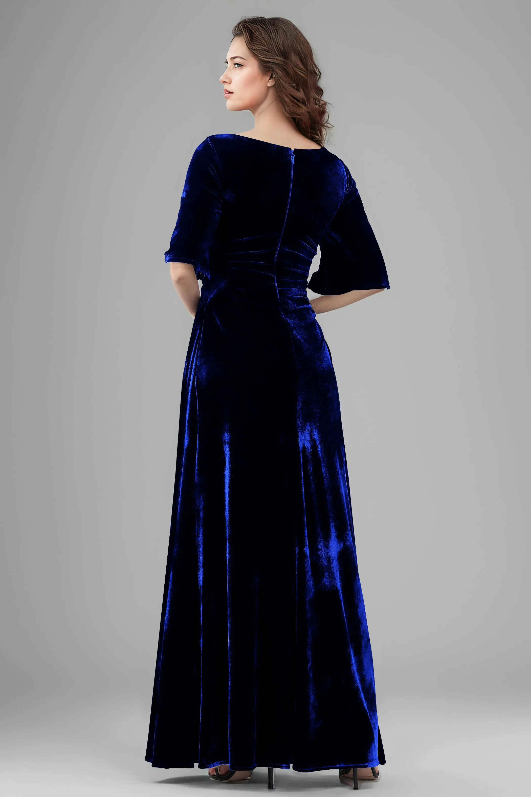 Square Neck Simple A Line Half Sleeves Velvet Bridesmaid Dresses