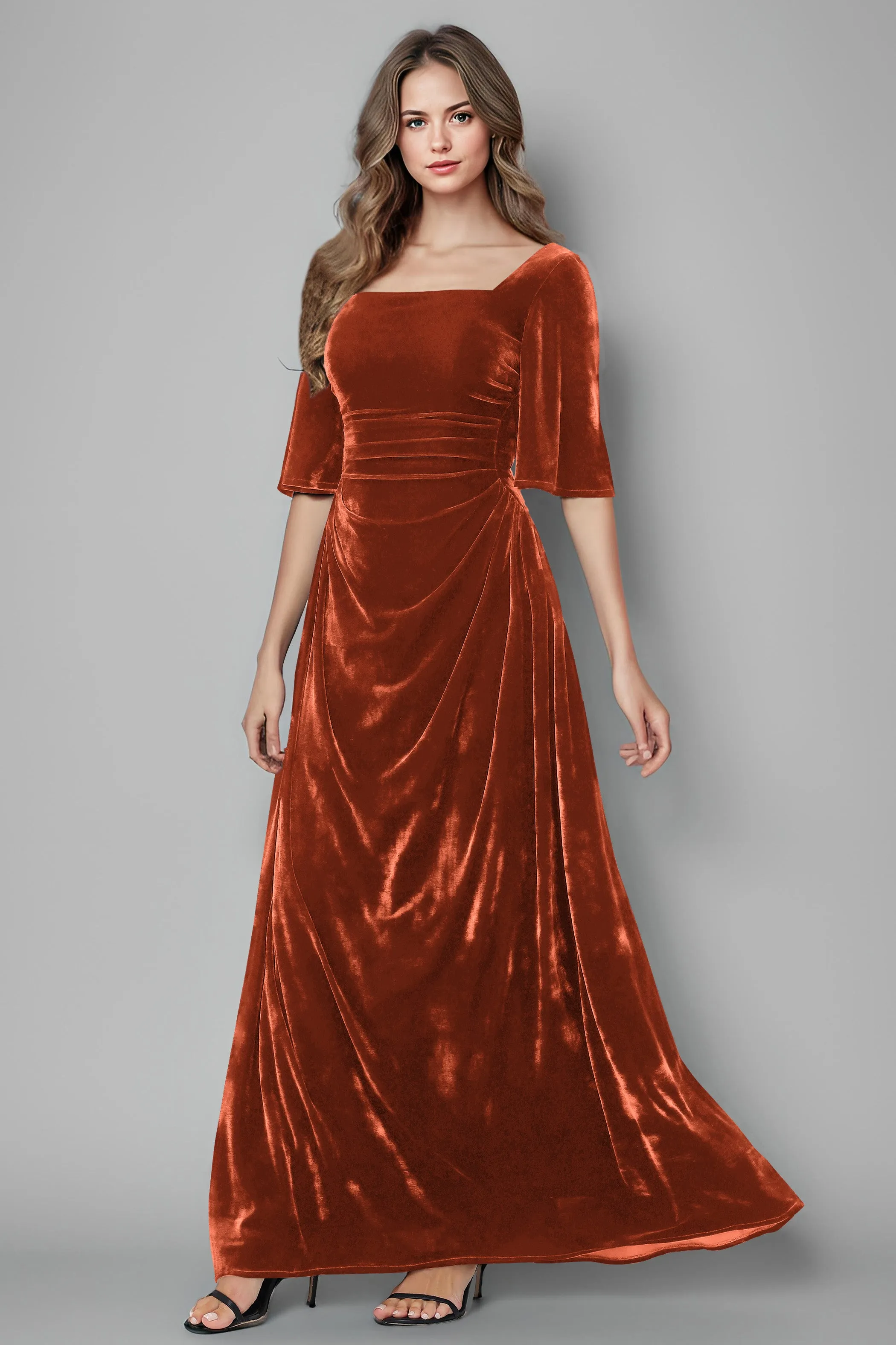 Square Neck Simple A Line Half Sleeves Velvet Bridesmaid Dresses