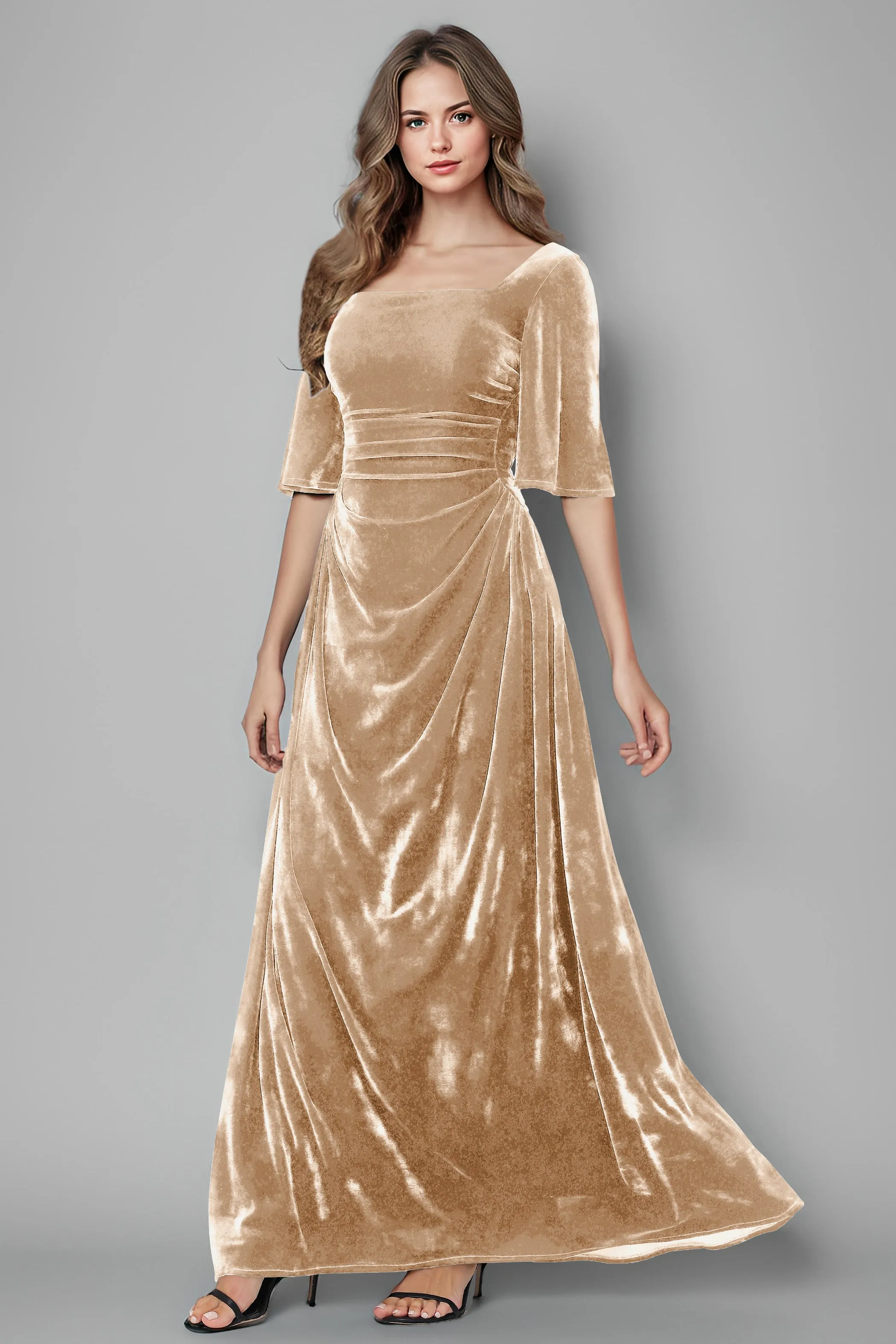 Square Neck Simple A Line Half Sleeves Velvet Bridesmaid Dresses