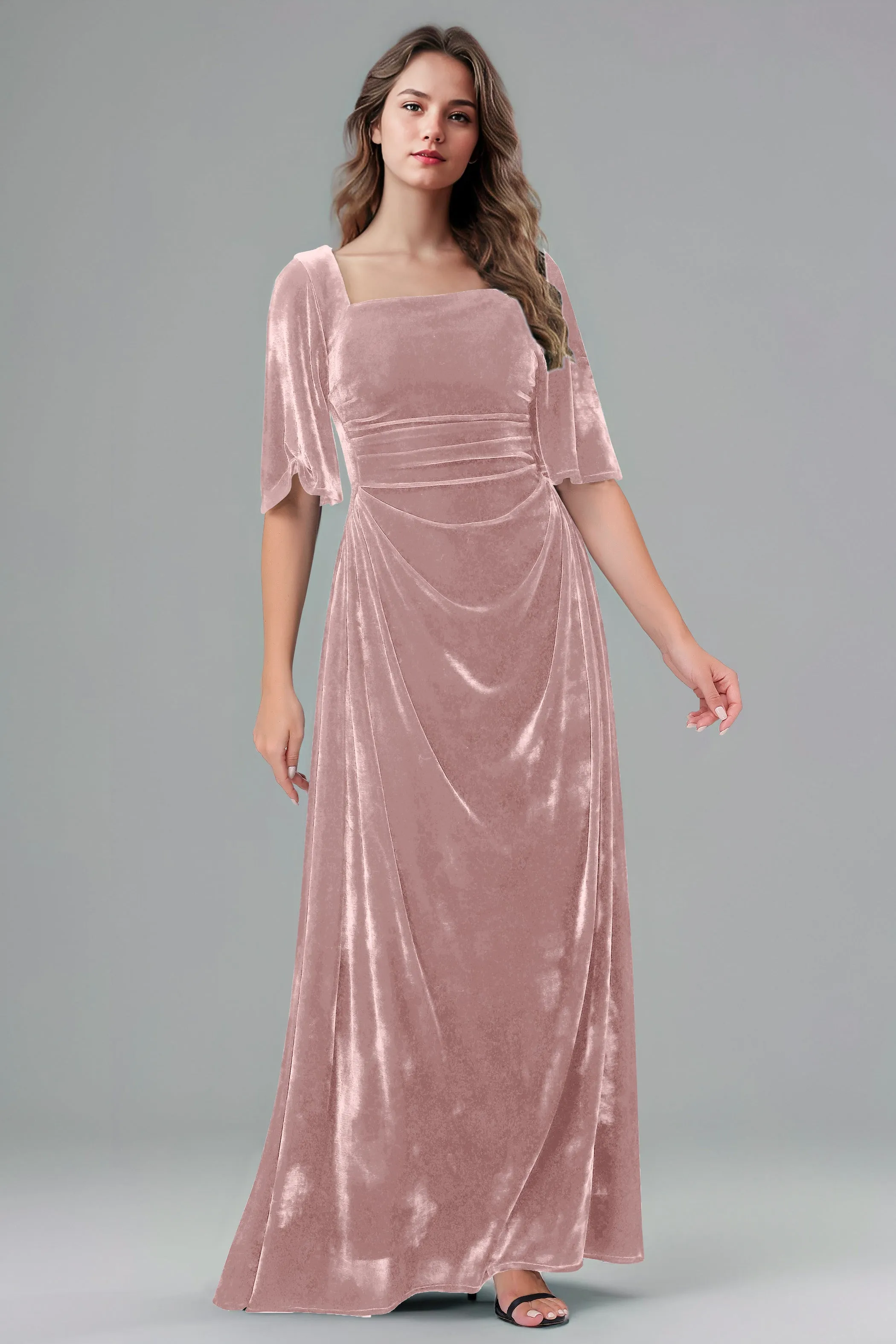 Square Neck Simple A Line Half Sleeves Velvet Bridesmaid Dresses
