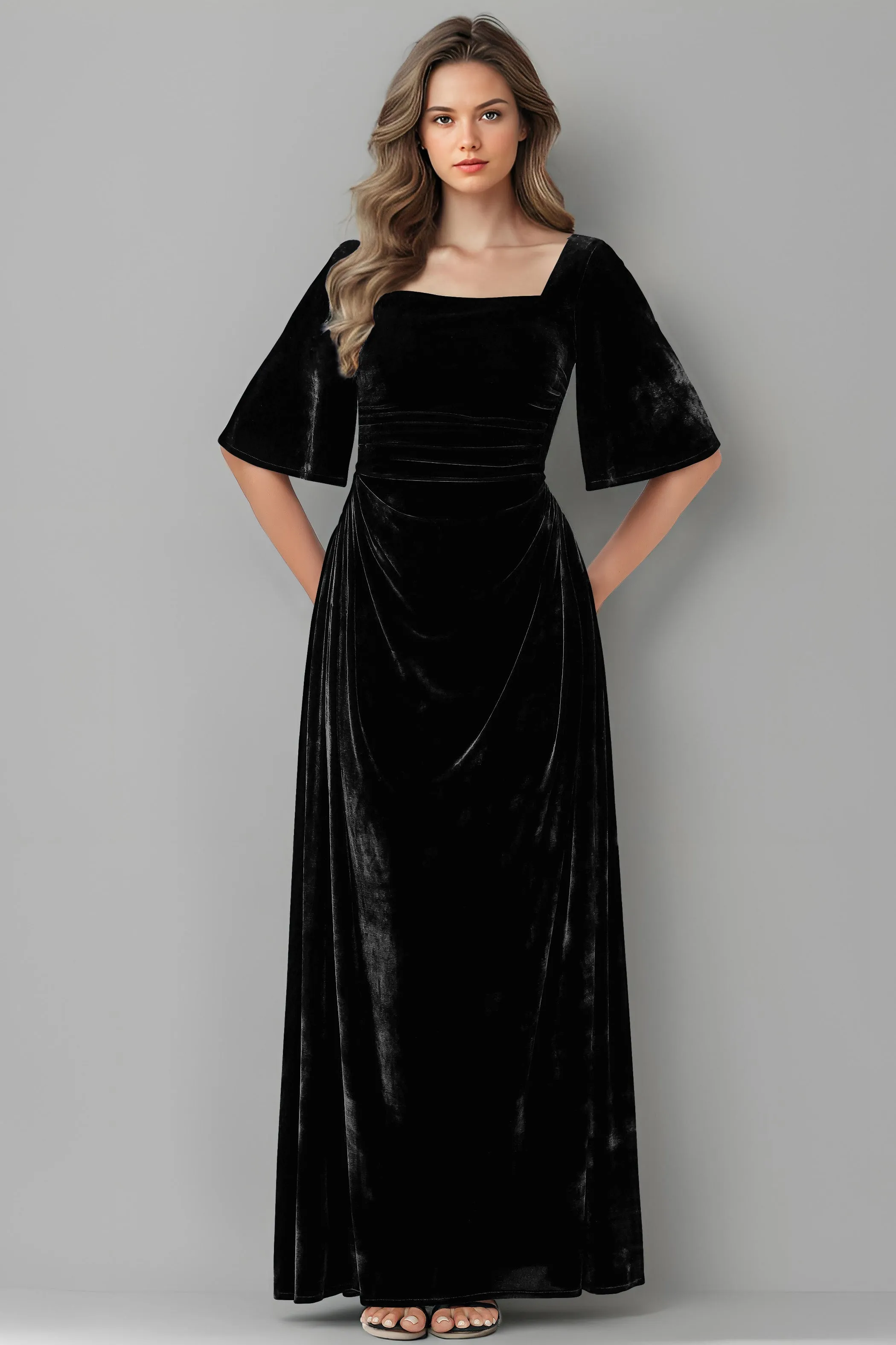 Square Neck Simple A Line Half Sleeves Velvet Bridesmaid Dresses