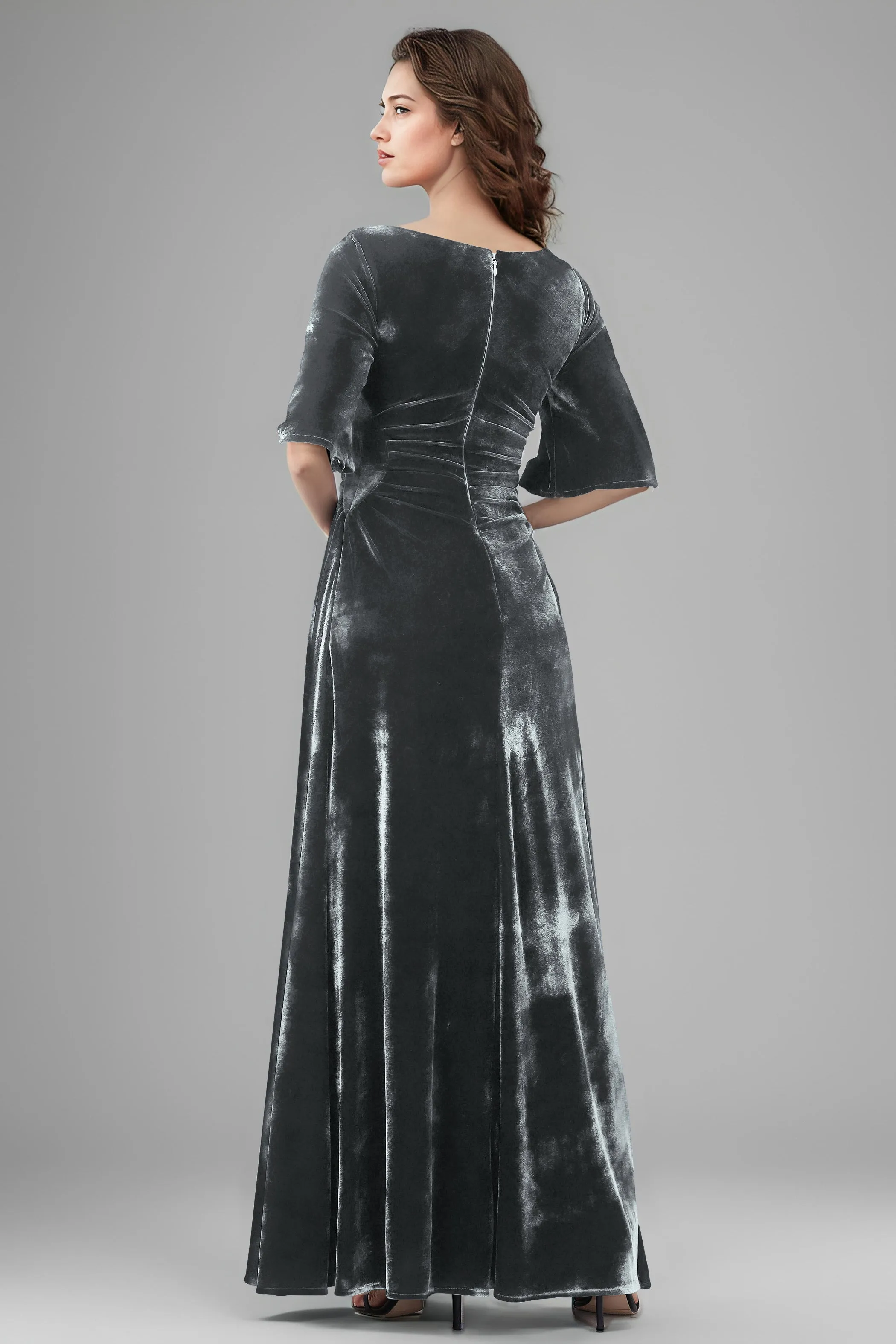 Square Neck Simple A Line Half Sleeves Velvet Bridesmaid Dresses