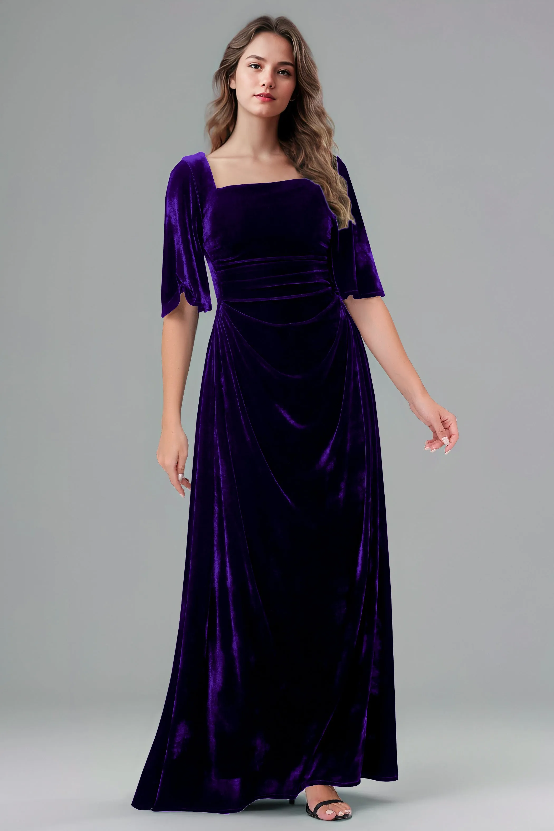 Square Neck Simple A Line Half Sleeves Velvet Bridesmaid Dresses