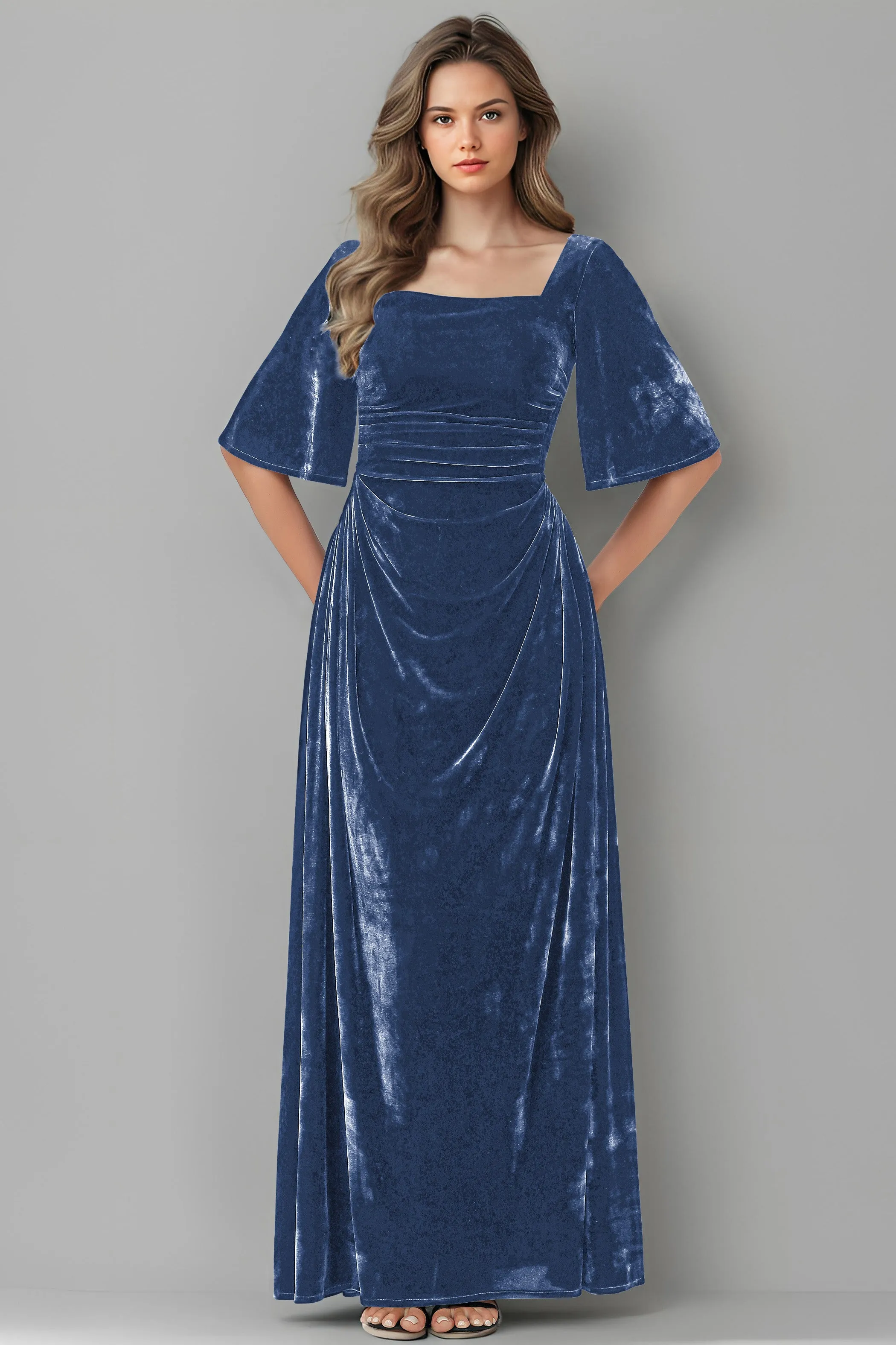 Square Neck Simple A Line Half Sleeves Velvet Bridesmaid Dresses