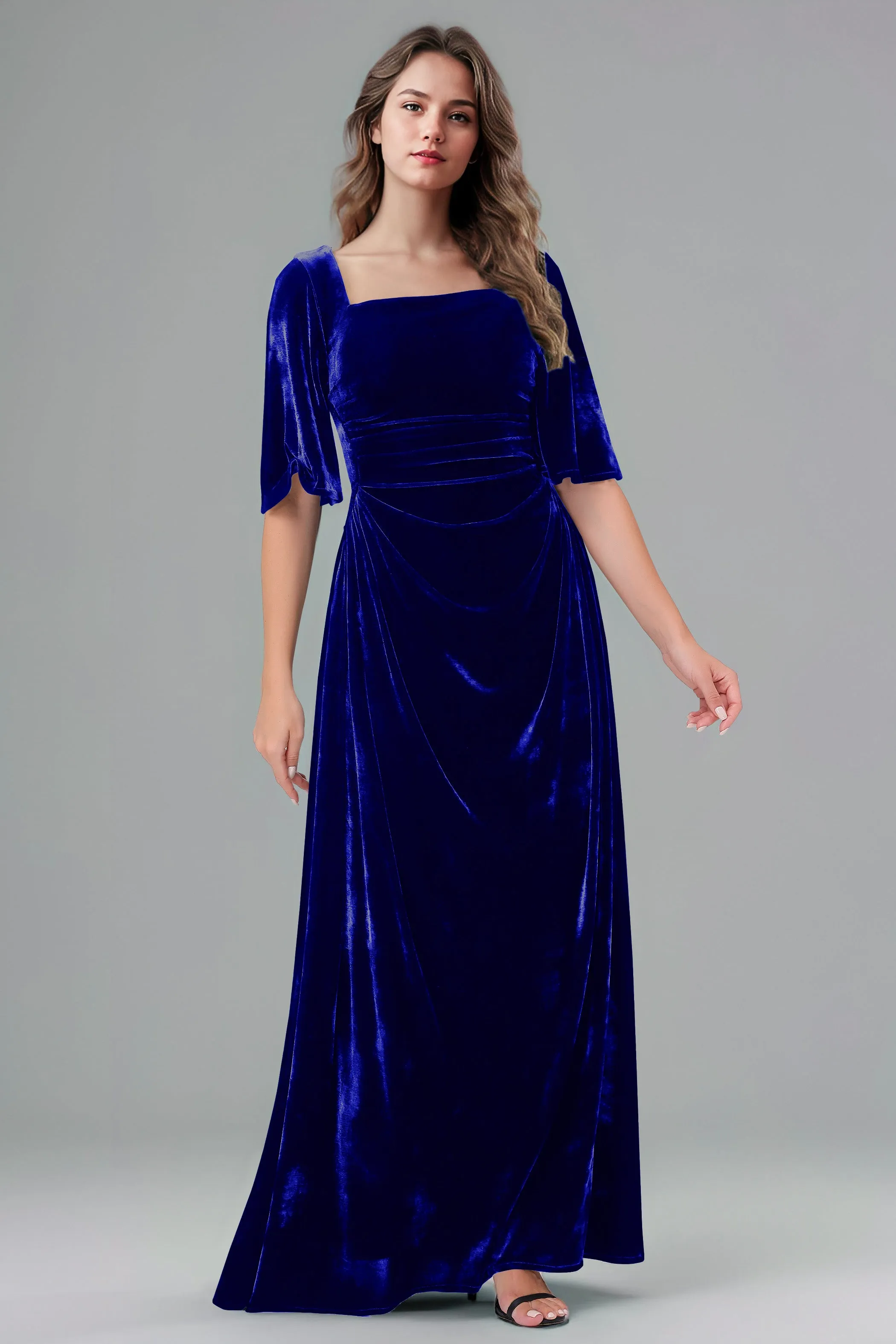 Square Neck Simple A Line Half Sleeves Velvet Bridesmaid Dresses