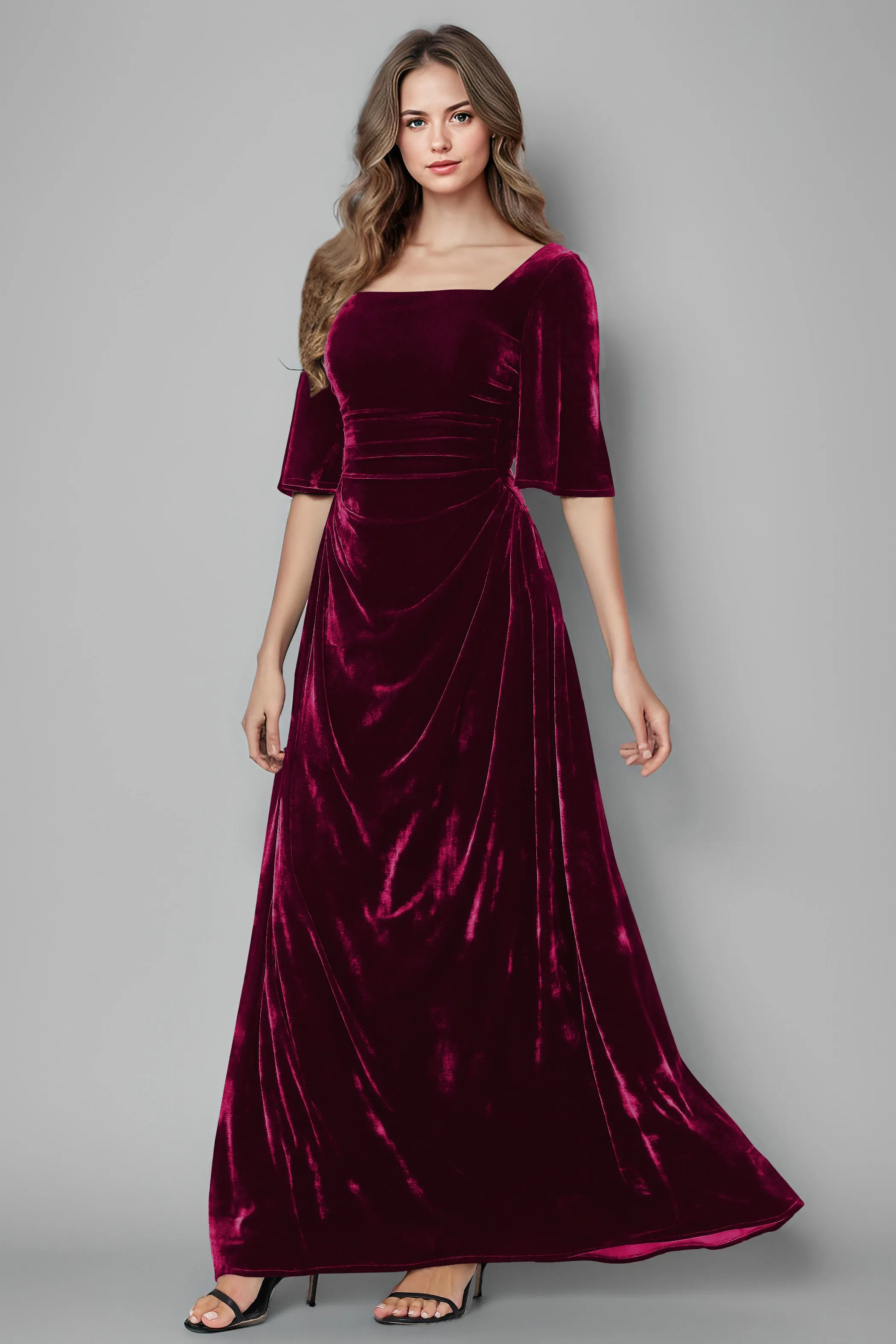 Square Neck Simple A Line Half Sleeves Velvet Bridesmaid Dresses