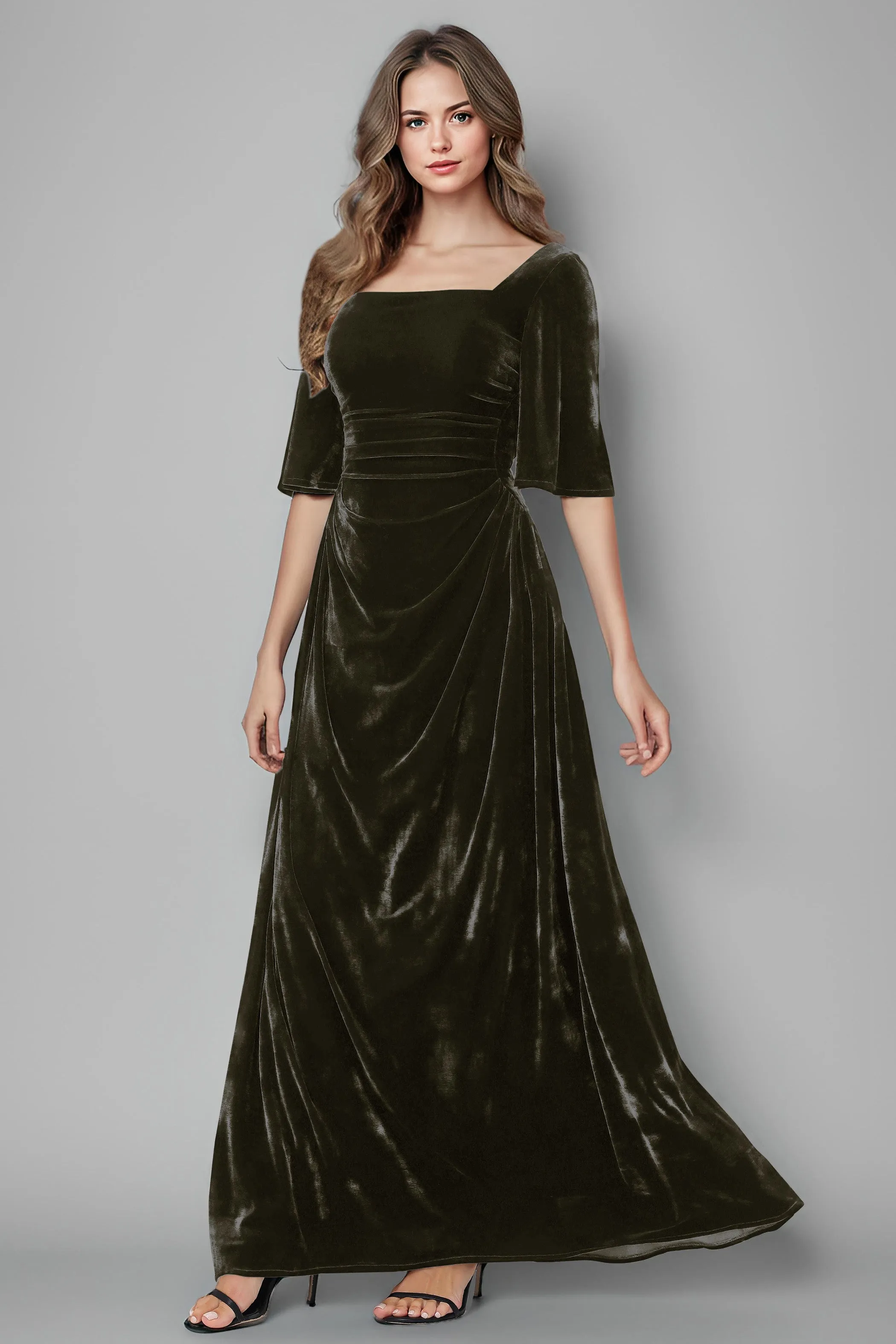 Square Neck Simple A Line Half Sleeves Velvet Bridesmaid Dresses