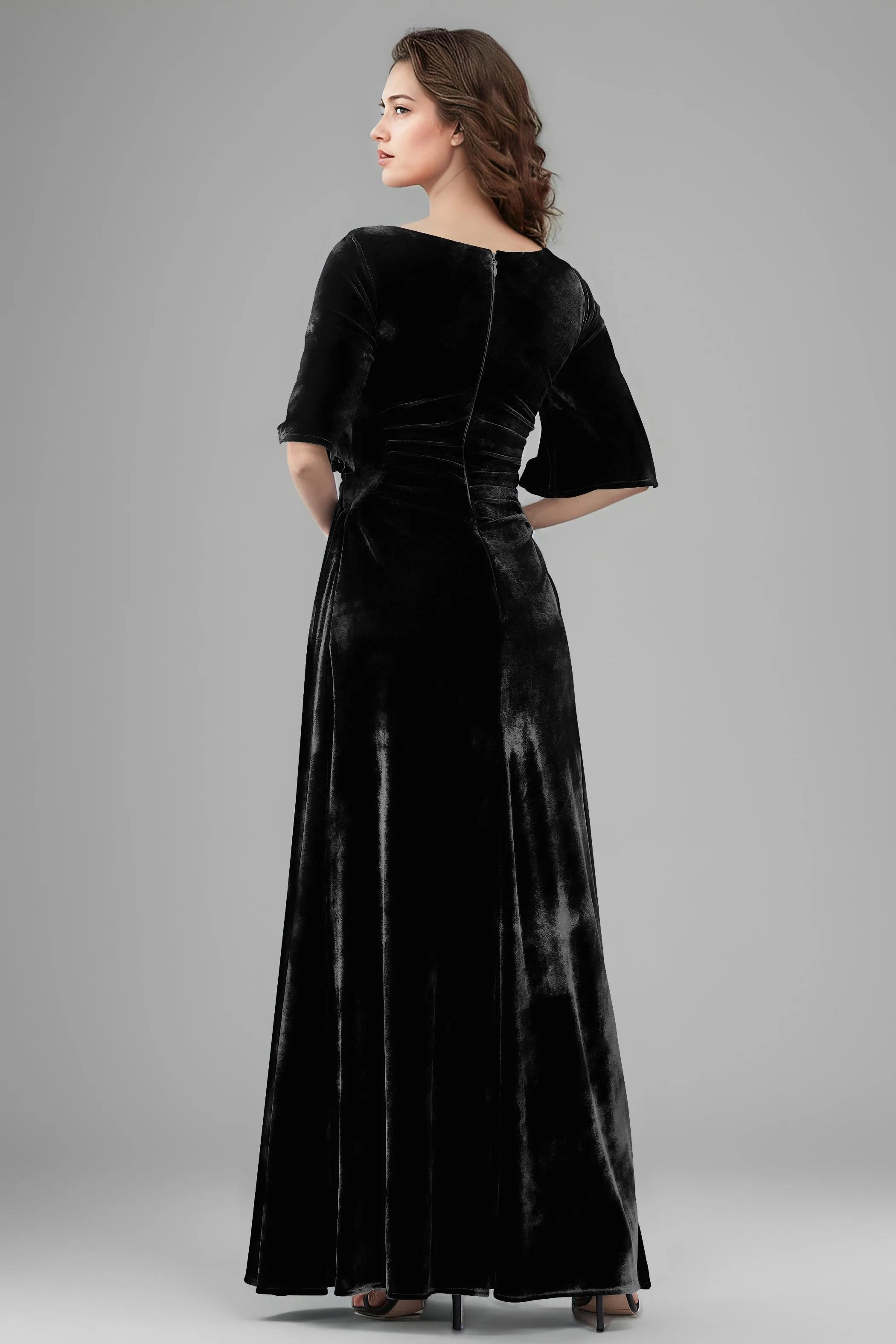Square Neck Simple A Line Half Sleeves Velvet Bridesmaid Dresses