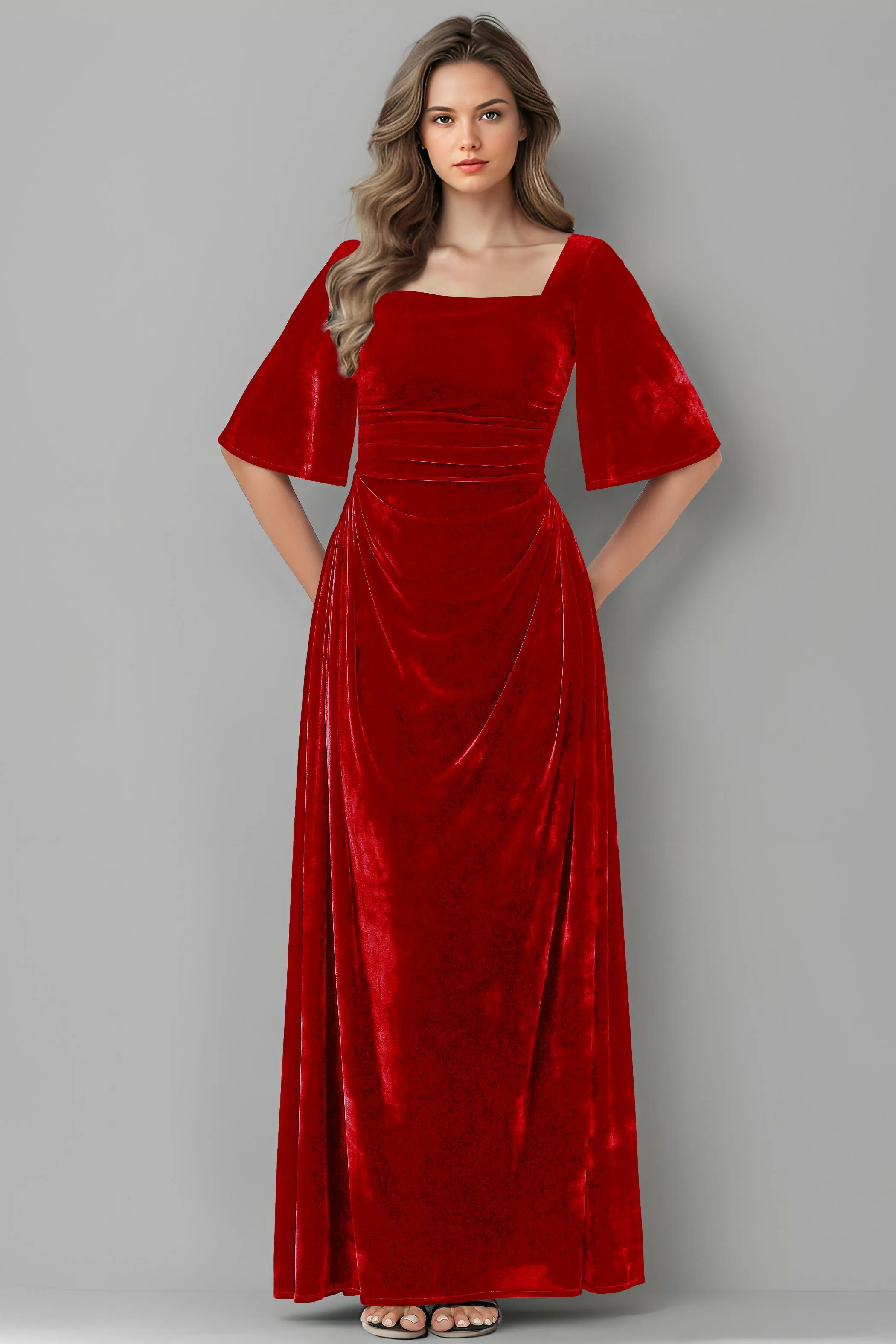 Square Neck Simple A Line Half Sleeves Velvet Bridesmaid Dresses