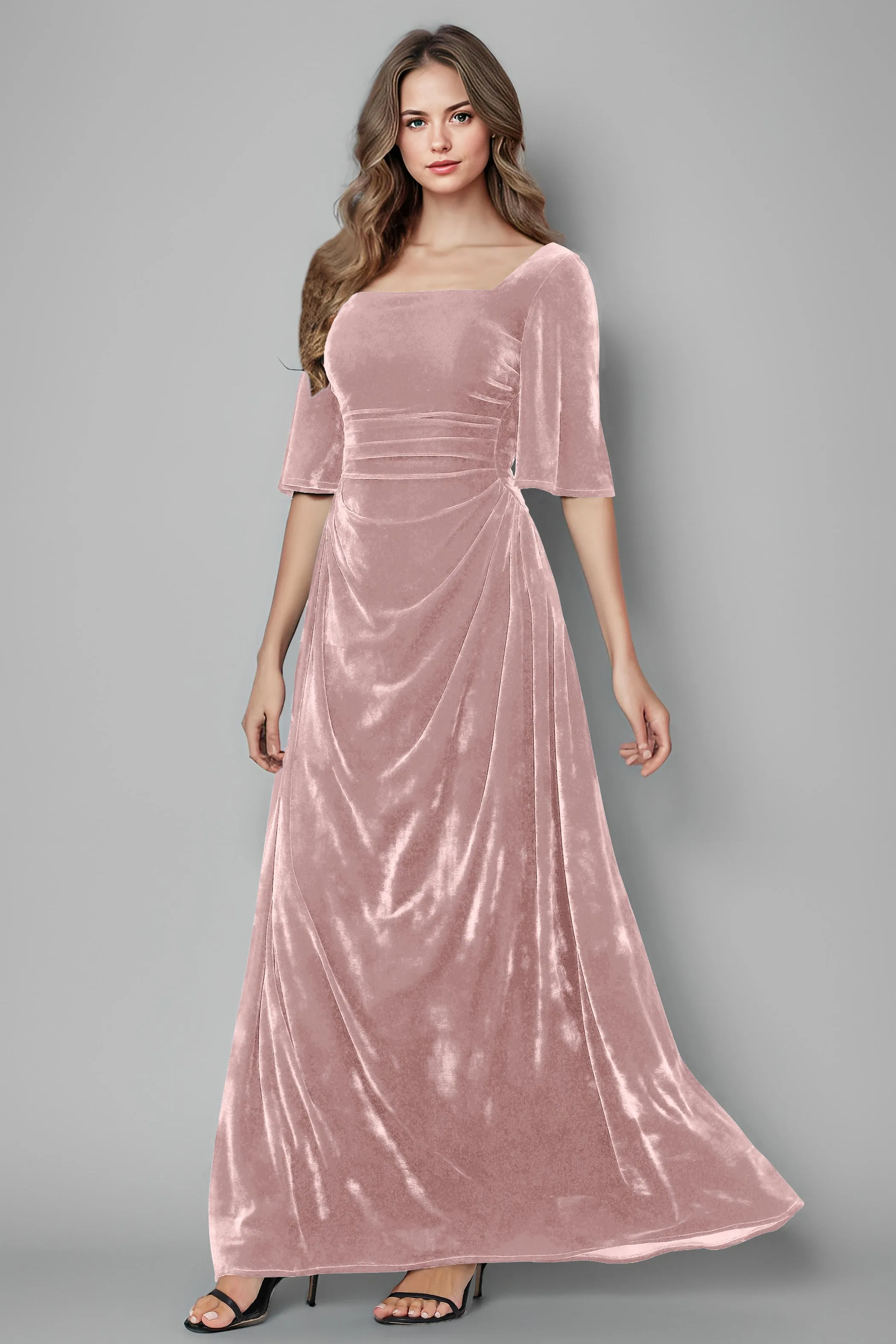 Square Neck Simple A Line Half Sleeves Velvet Bridesmaid Dresses