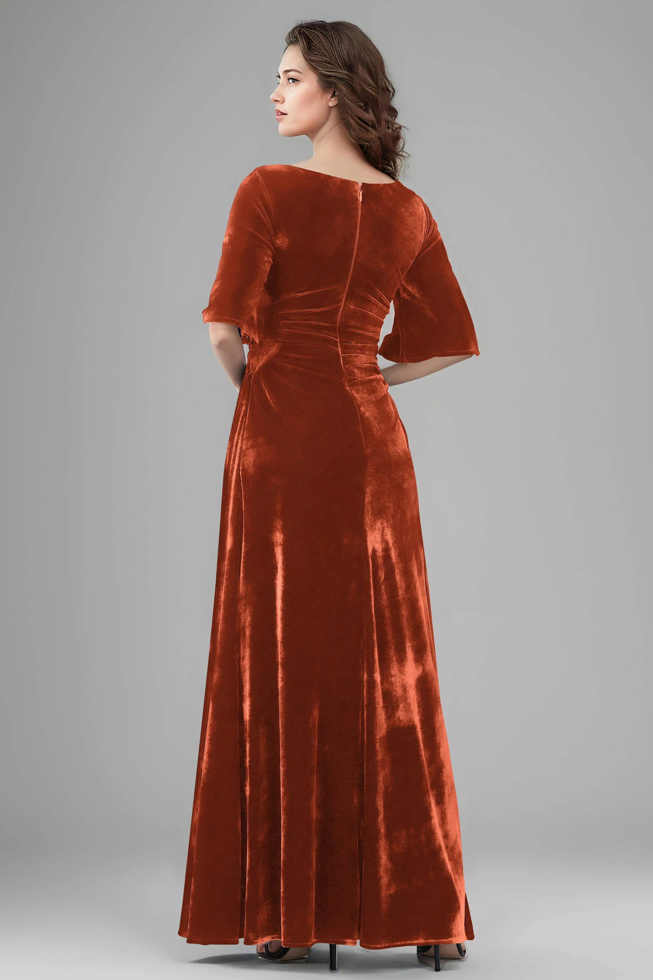 Square Neck Simple A Line Half Sleeves Velvet Bridesmaid Dresses