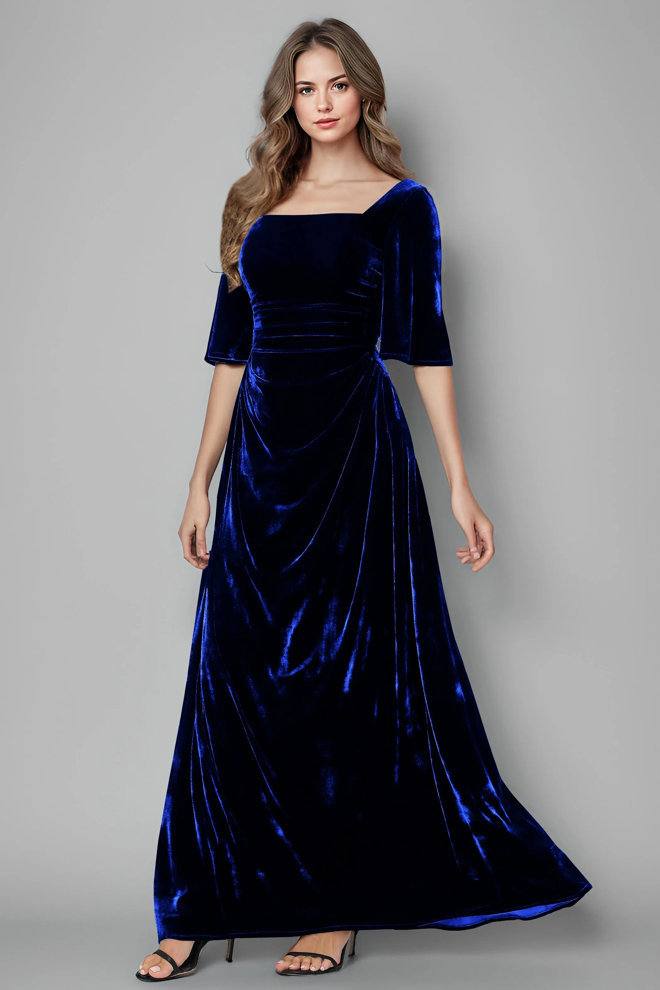 Square Neck Simple A Line Half Sleeves Velvet Bridesmaid Dresses