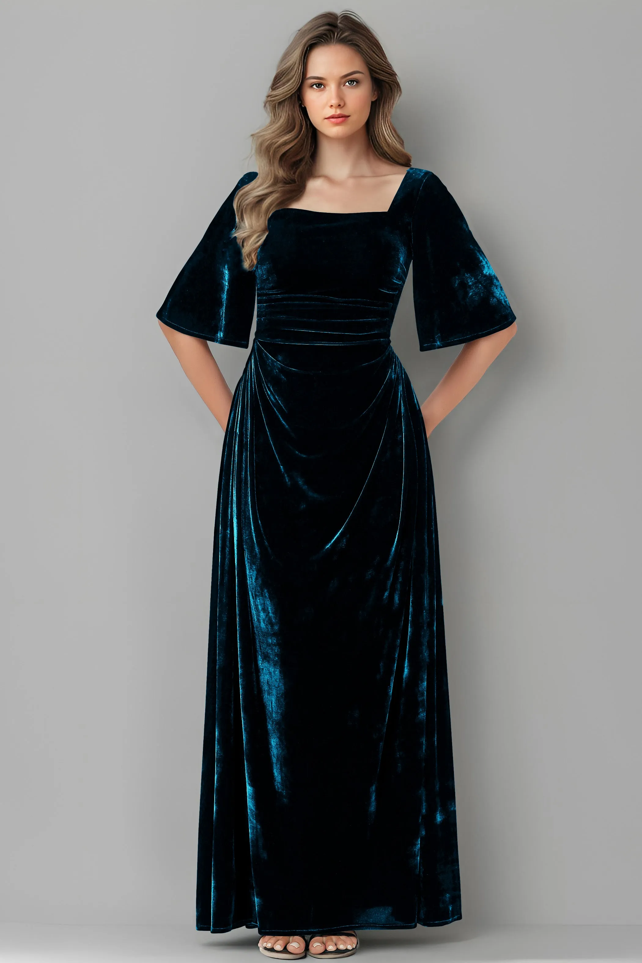 Square Neck Simple A Line Half Sleeves Velvet Bridesmaid Dresses