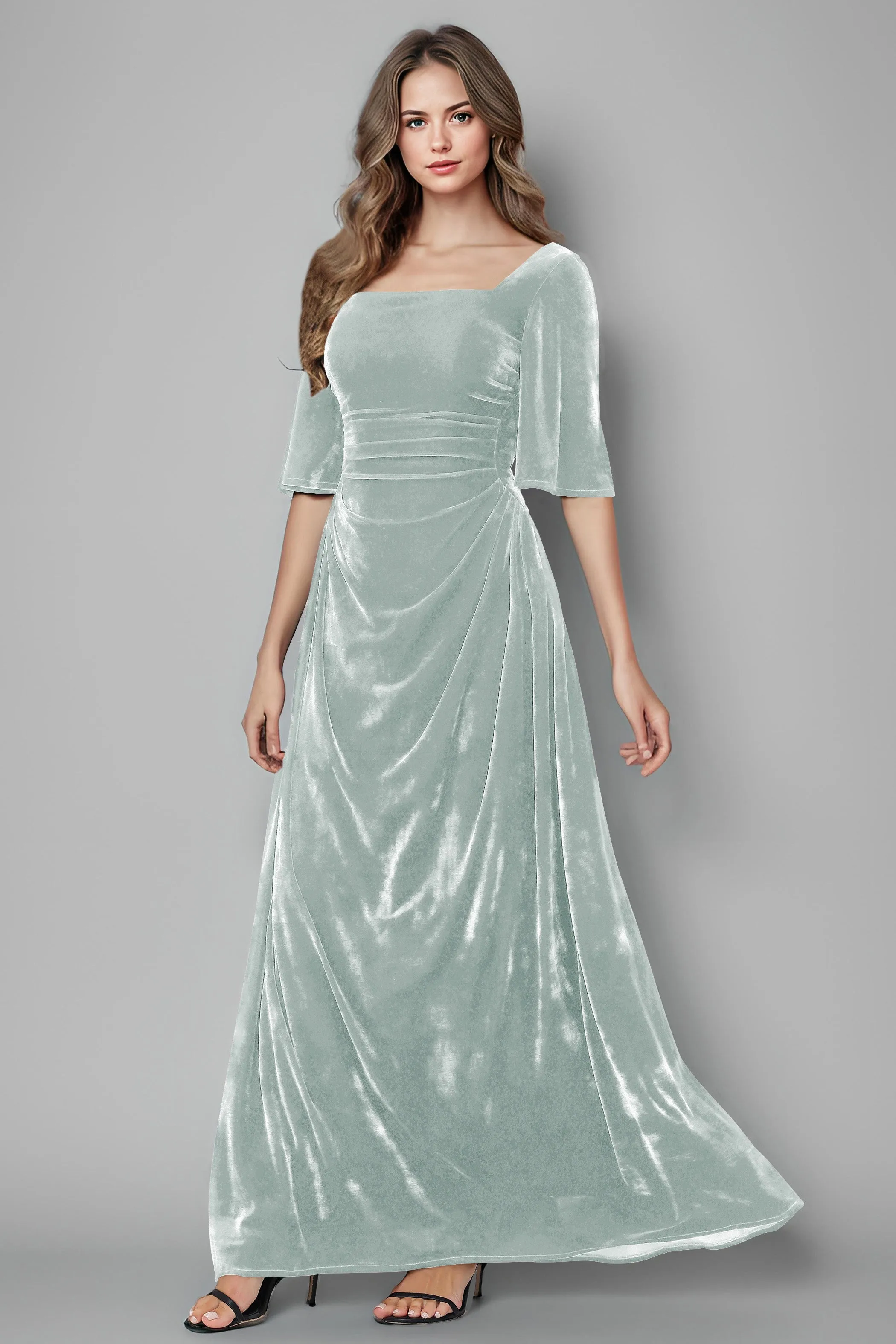 Square Neck Simple A Line Half Sleeves Velvet Bridesmaid Dresses