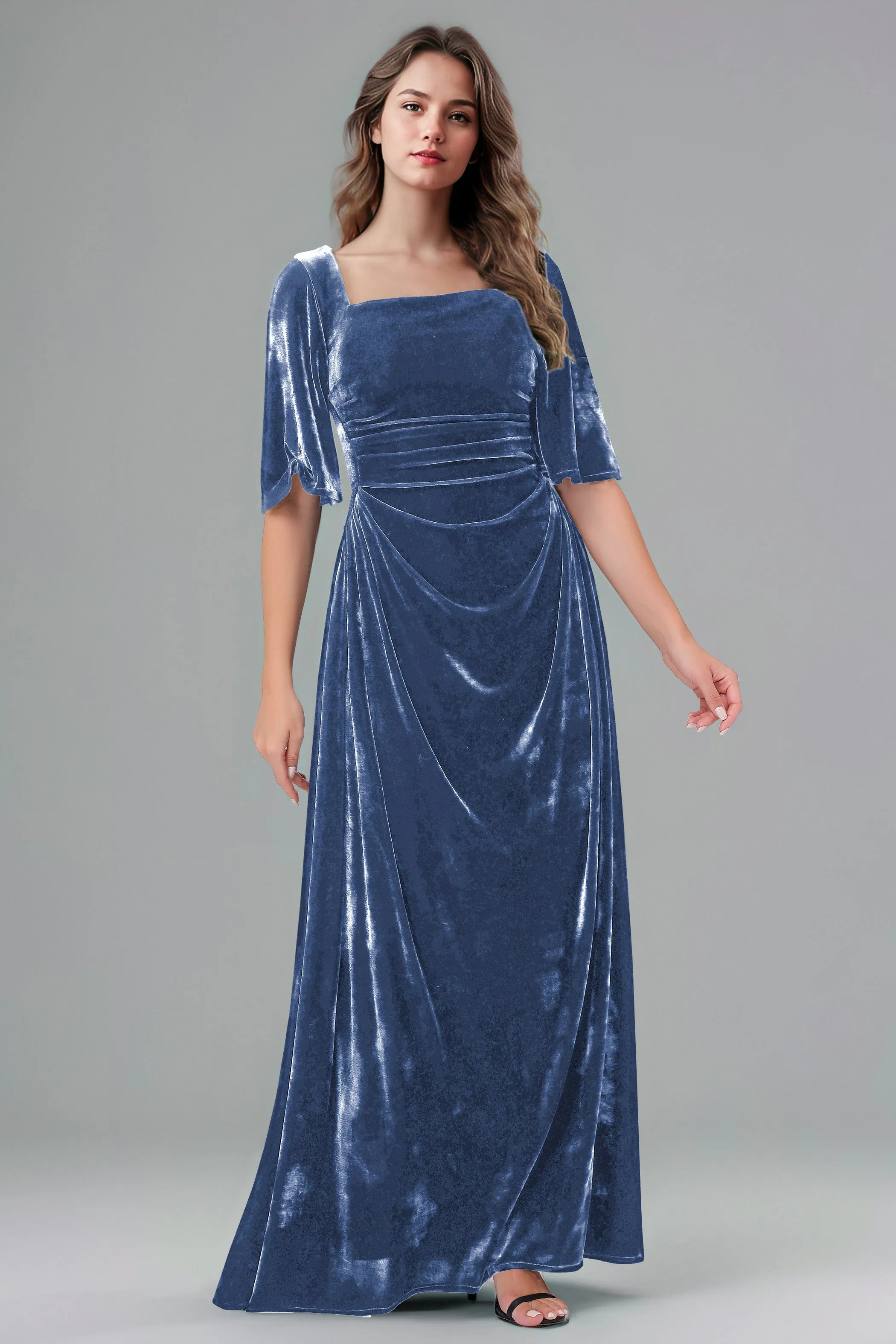 Square Neck Simple A Line Half Sleeves Velvet Bridesmaid Dresses