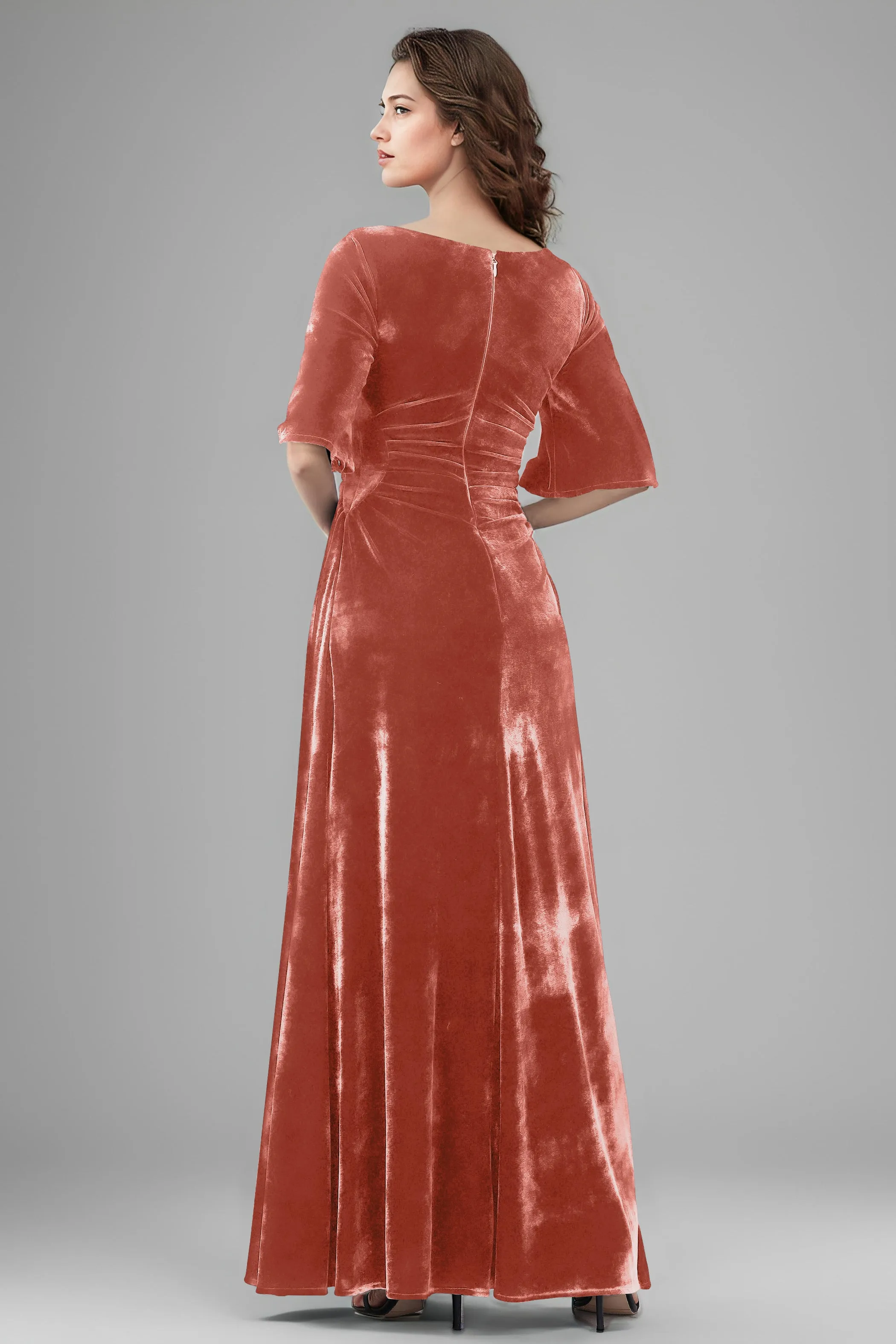 Square Neck Simple A Line Half Sleeves Velvet Bridesmaid Dresses