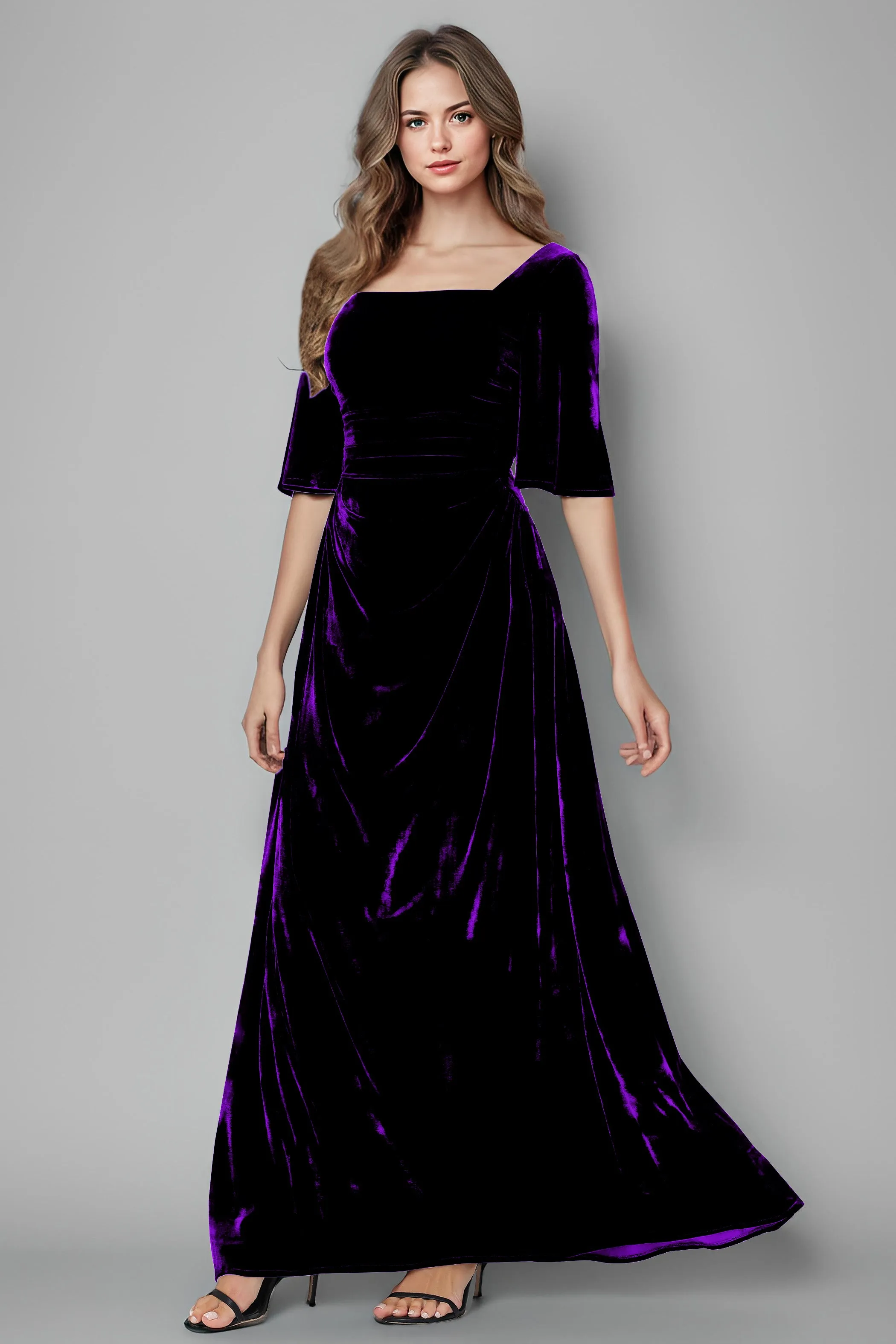 Square Neck Simple A Line Half Sleeves Velvet Bridesmaid Dresses
