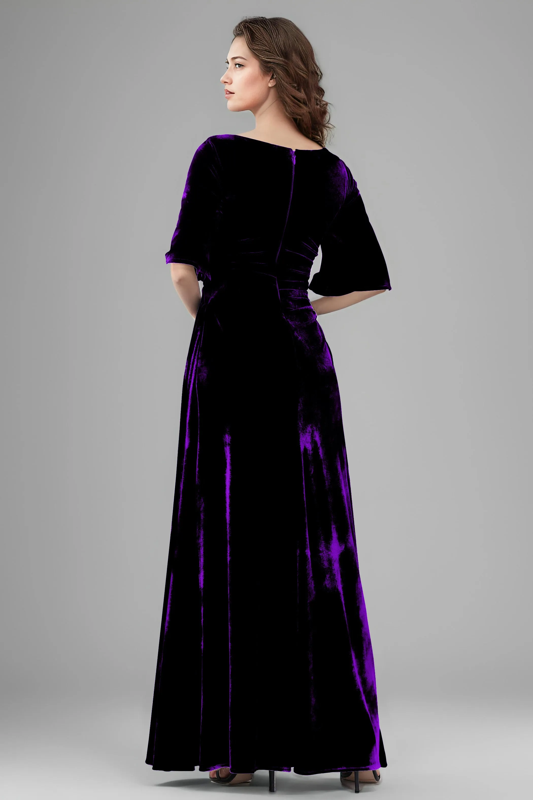 Square Neck Simple A Line Half Sleeves Velvet Bridesmaid Dresses