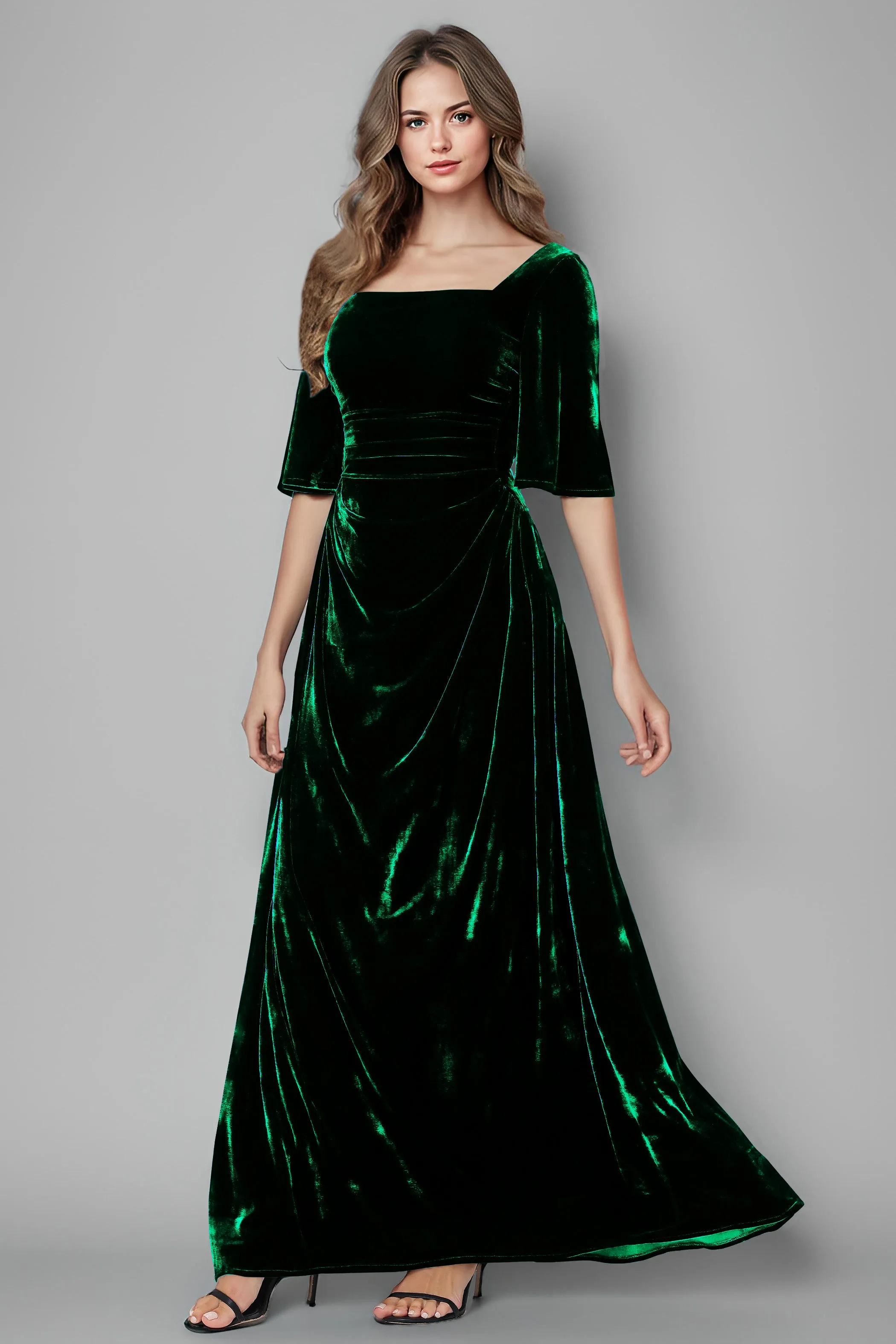Square Neck Simple A Line Half Sleeves Velvet Bridesmaid Dresses