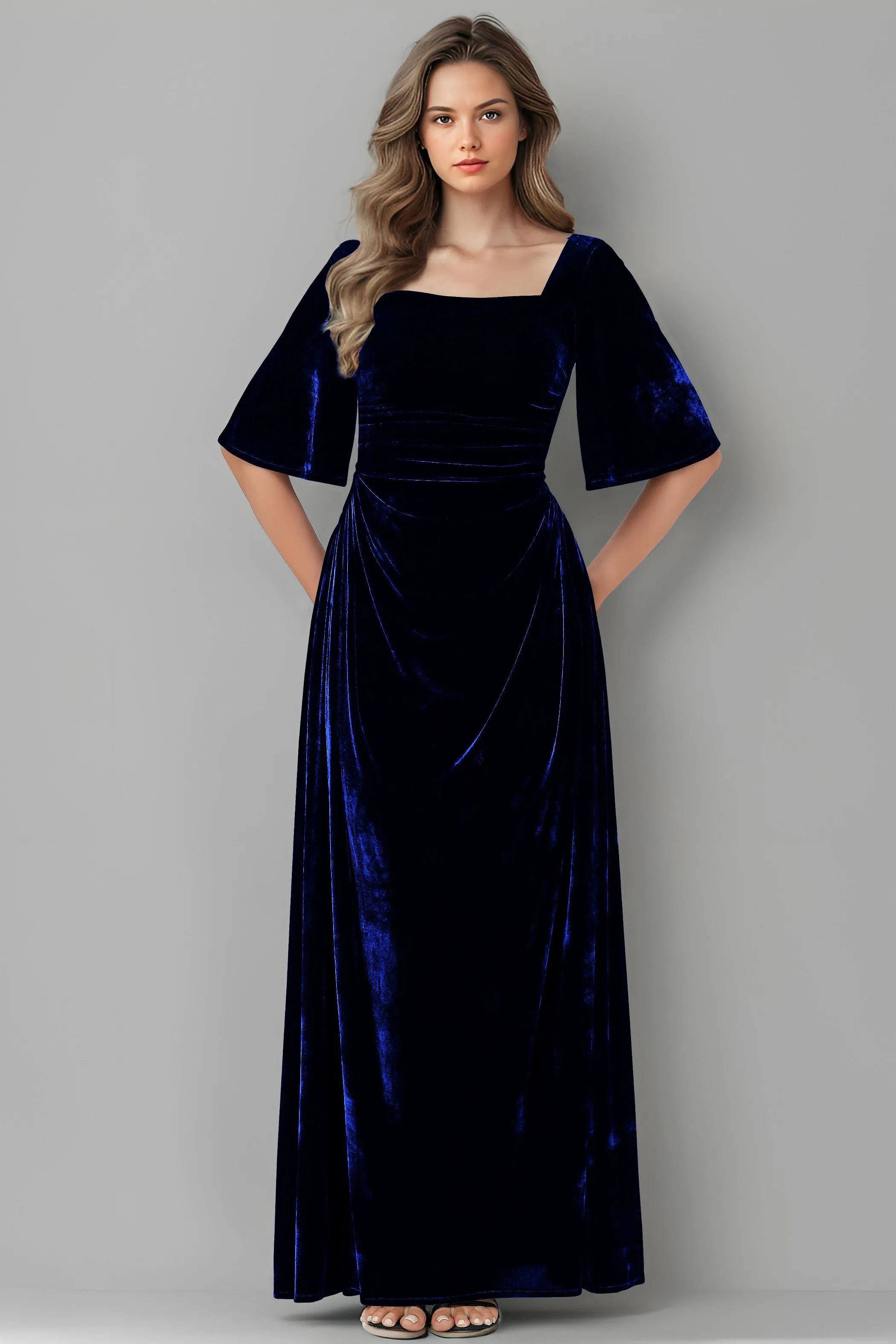Square Neck Simple A Line Half Sleeves Velvet Bridesmaid Dresses