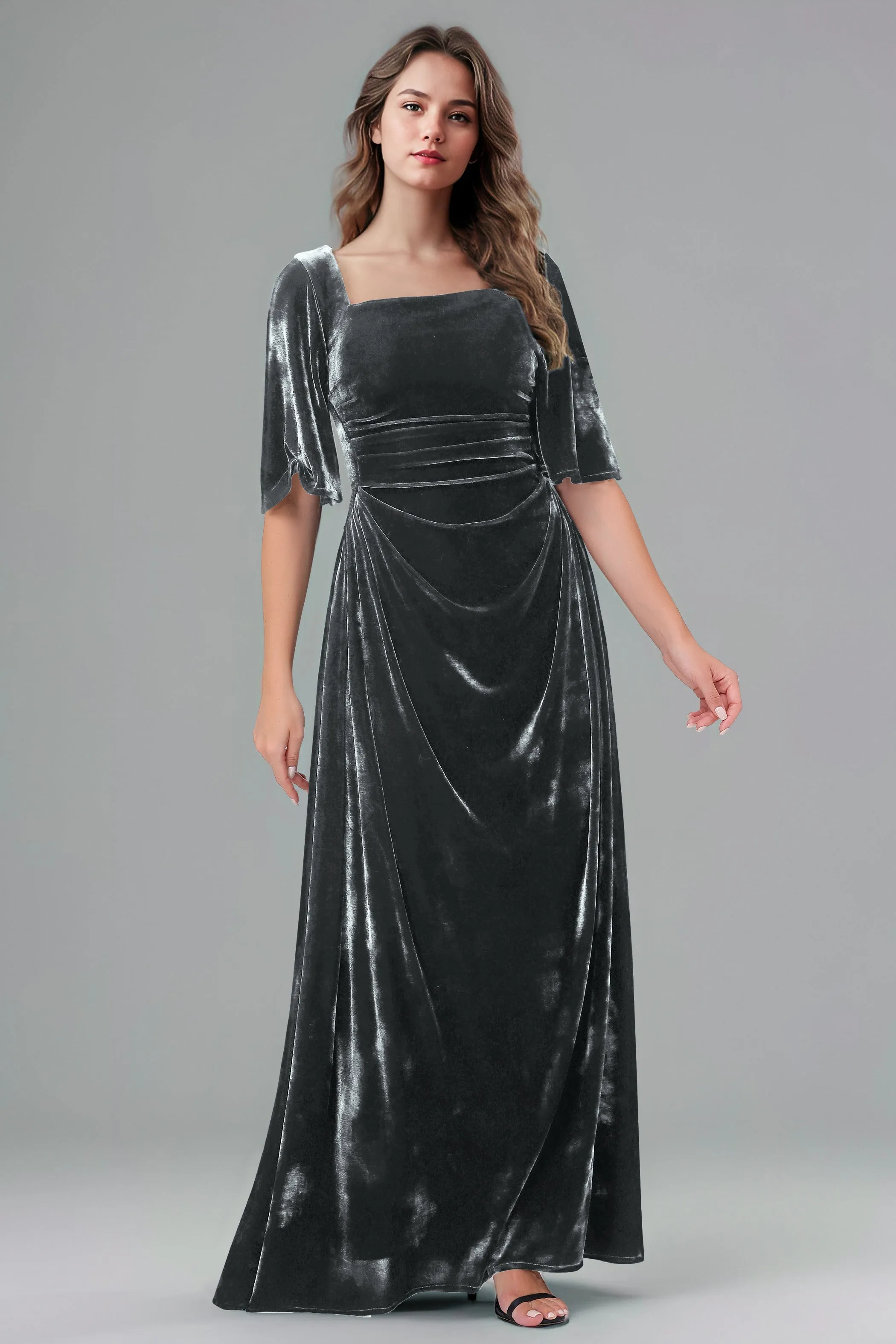 Square Neck Simple A Line Half Sleeves Velvet Bridesmaid Dresses