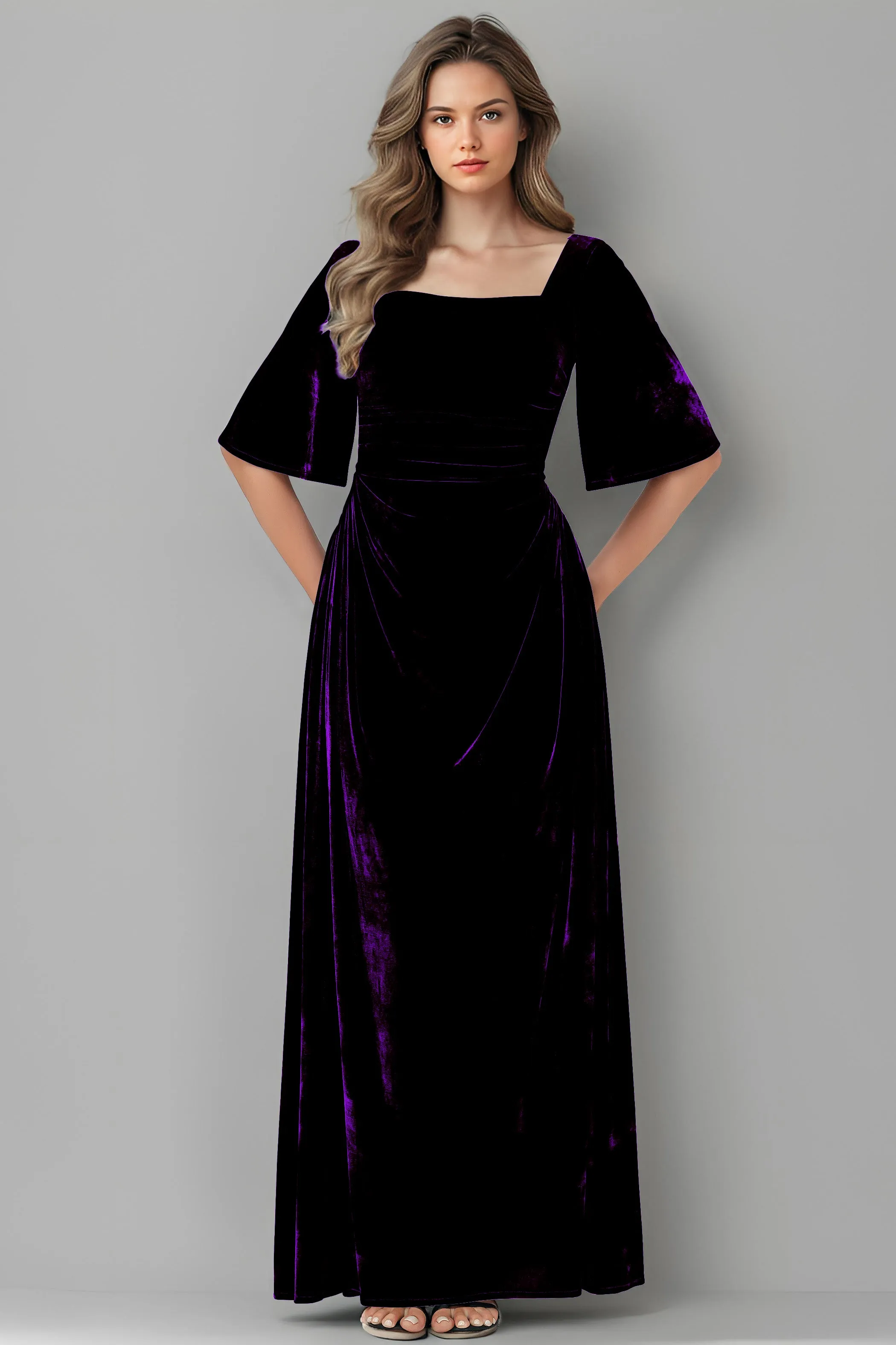 Square Neck Simple A Line Half Sleeves Velvet Bridesmaid Dresses