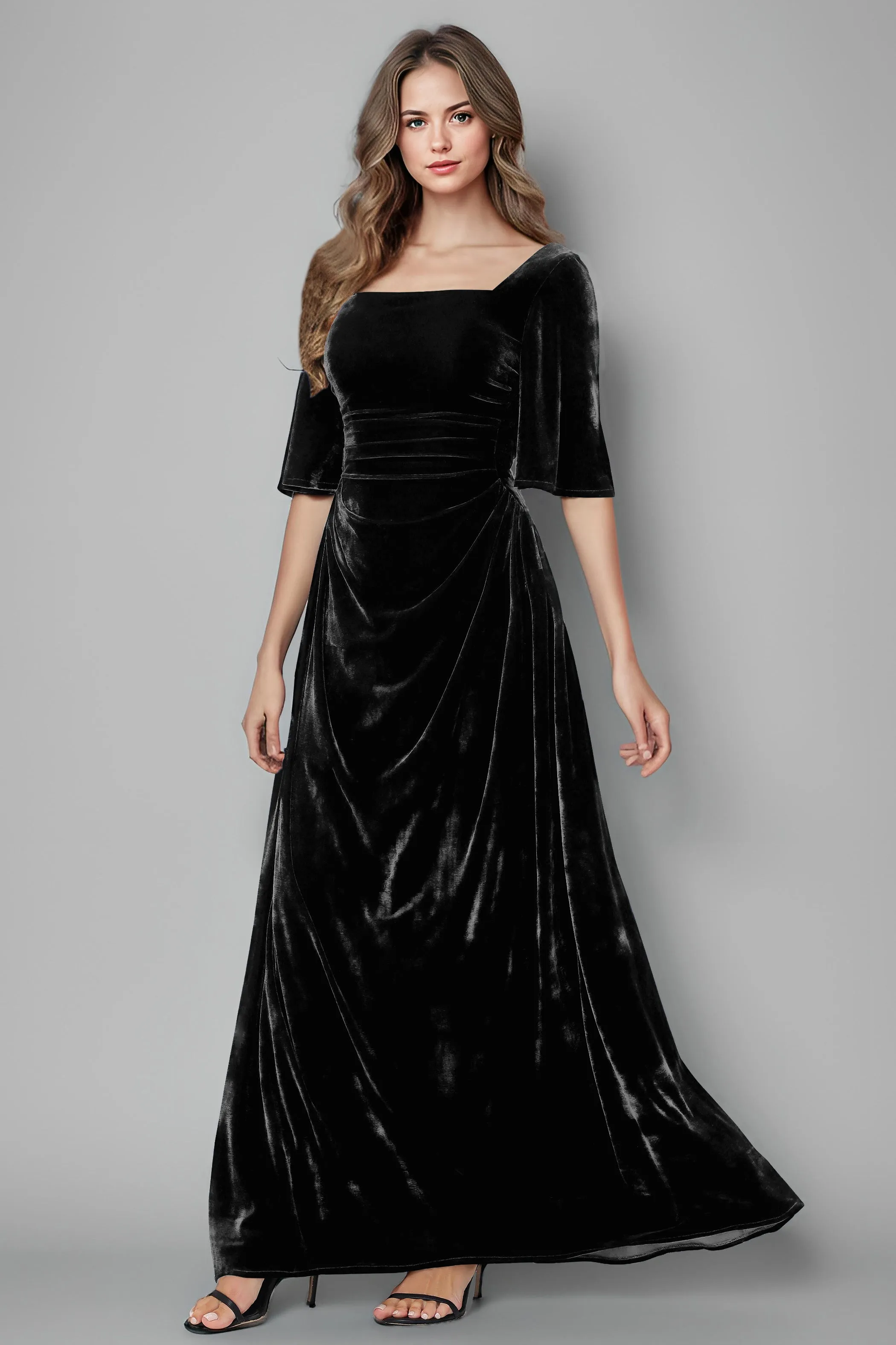 Square Neck Simple A Line Half Sleeves Velvet Bridesmaid Dresses