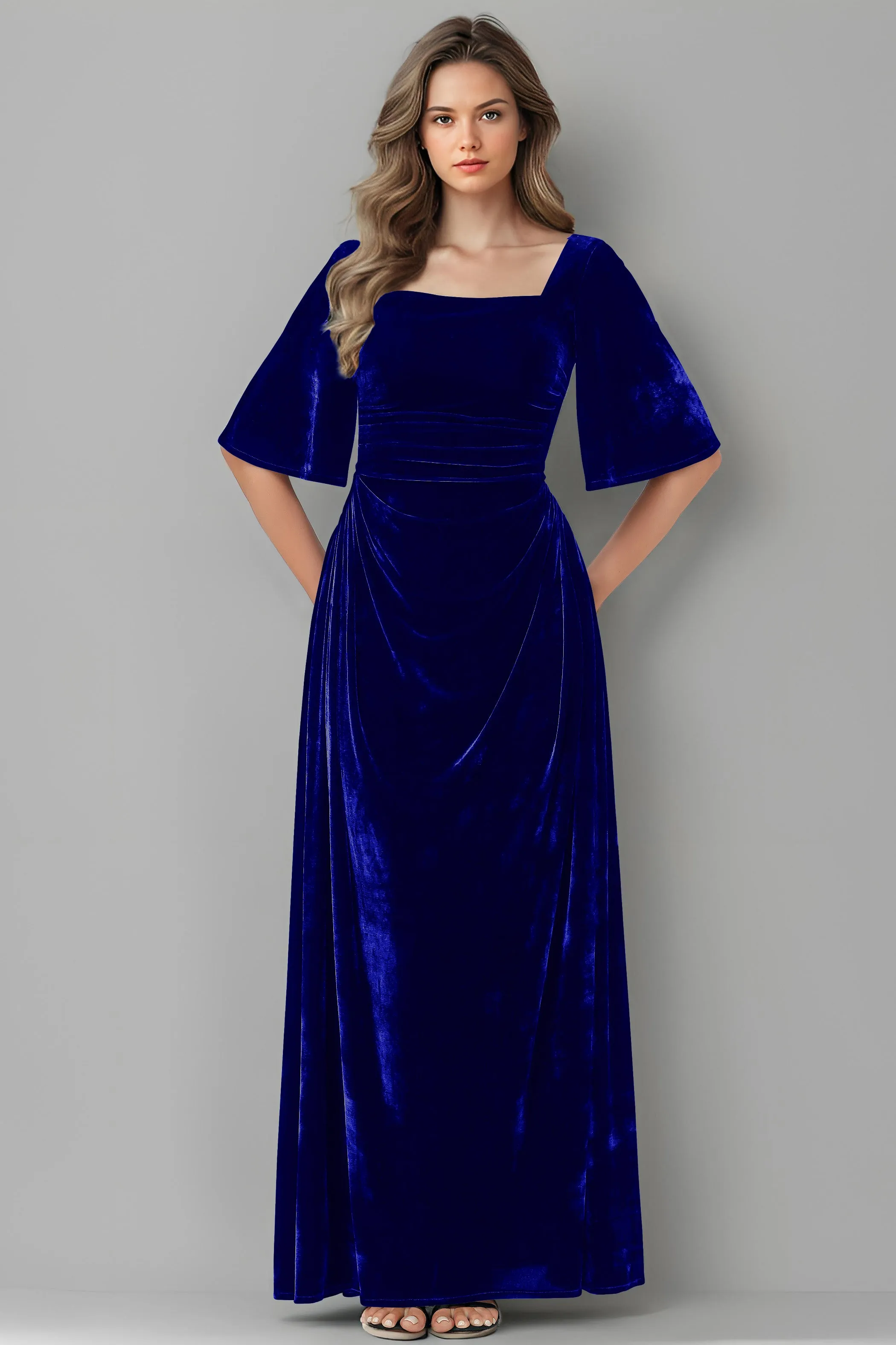 Square Neck Simple A Line Half Sleeves Velvet Bridesmaid Dresses