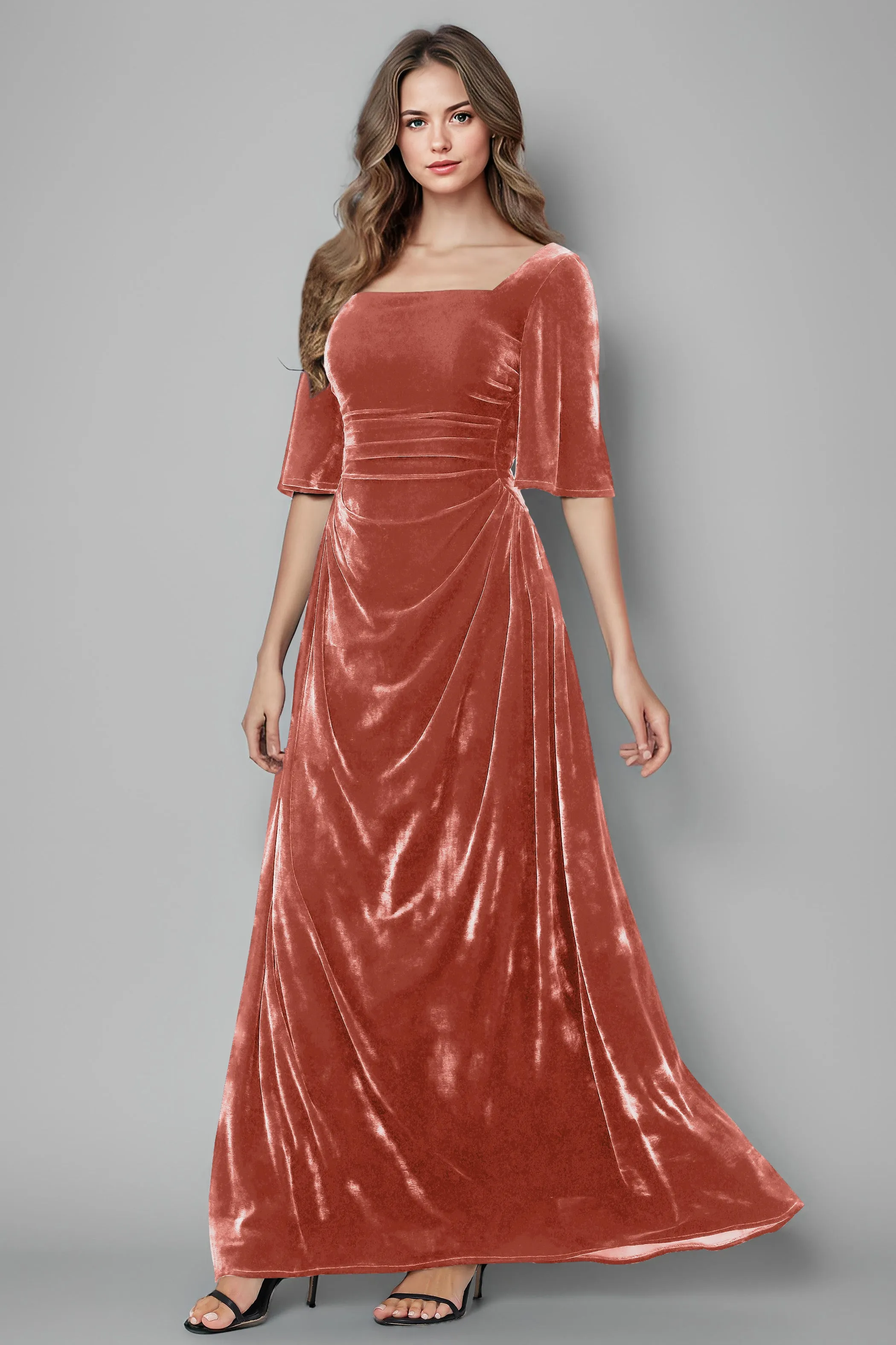 Square Neck Simple A Line Half Sleeves Velvet Bridesmaid Dresses
