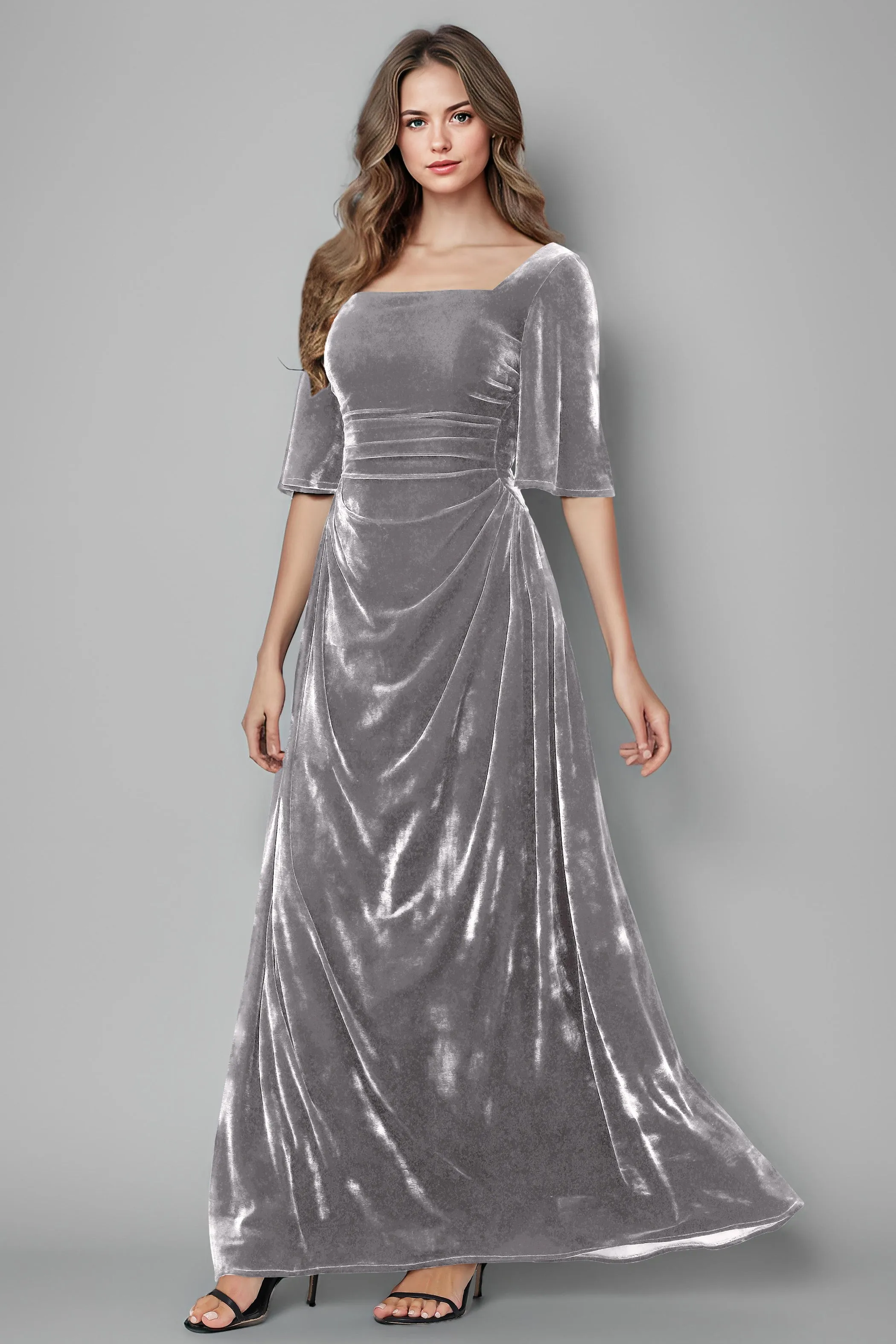 Square Neck Simple A Line Half Sleeves Velvet Bridesmaid Dresses
