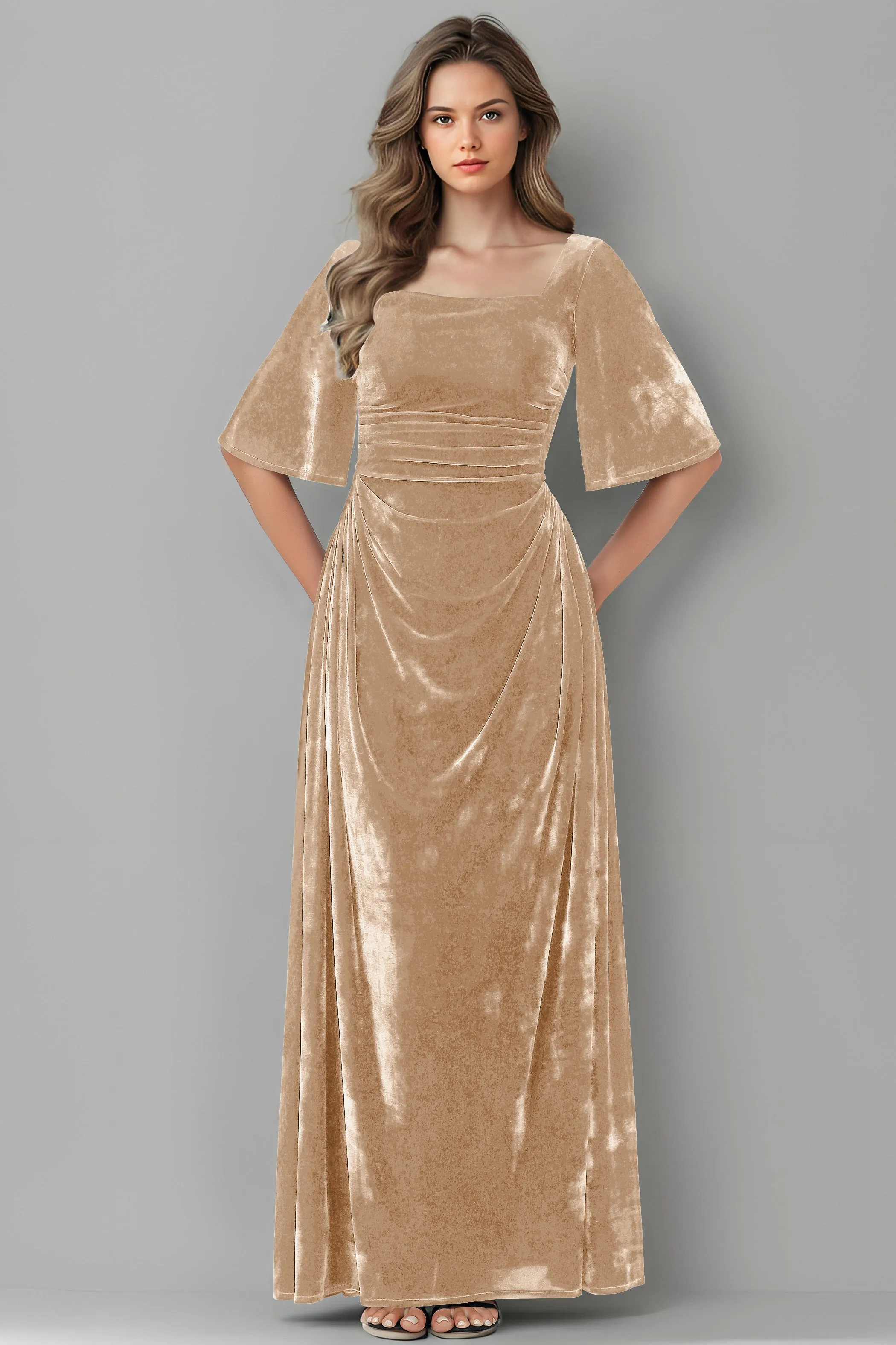 Square Neck Simple A Line Half Sleeves Velvet Bridesmaid Dresses