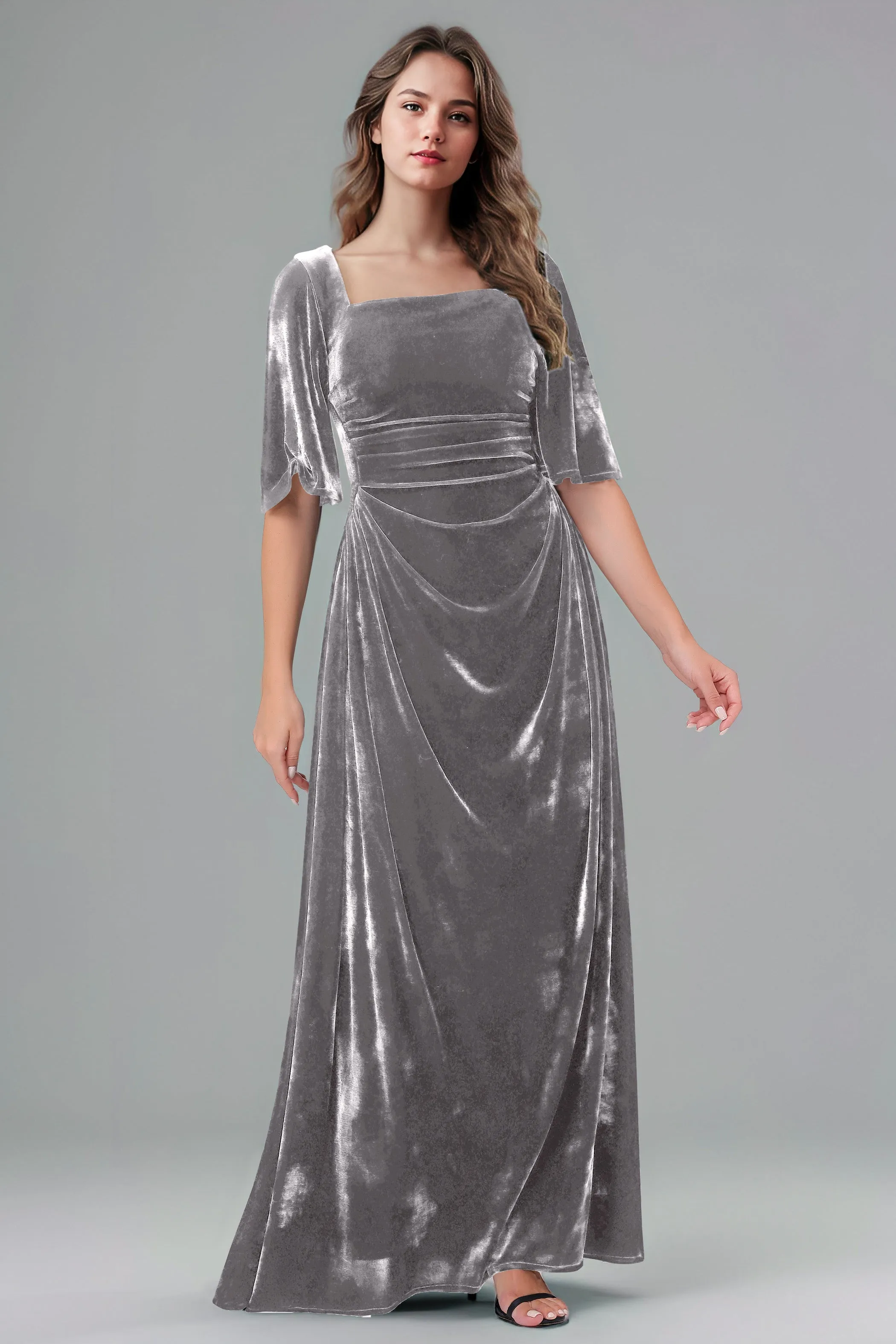 Square Neck Simple A Line Half Sleeves Velvet Bridesmaid Dresses