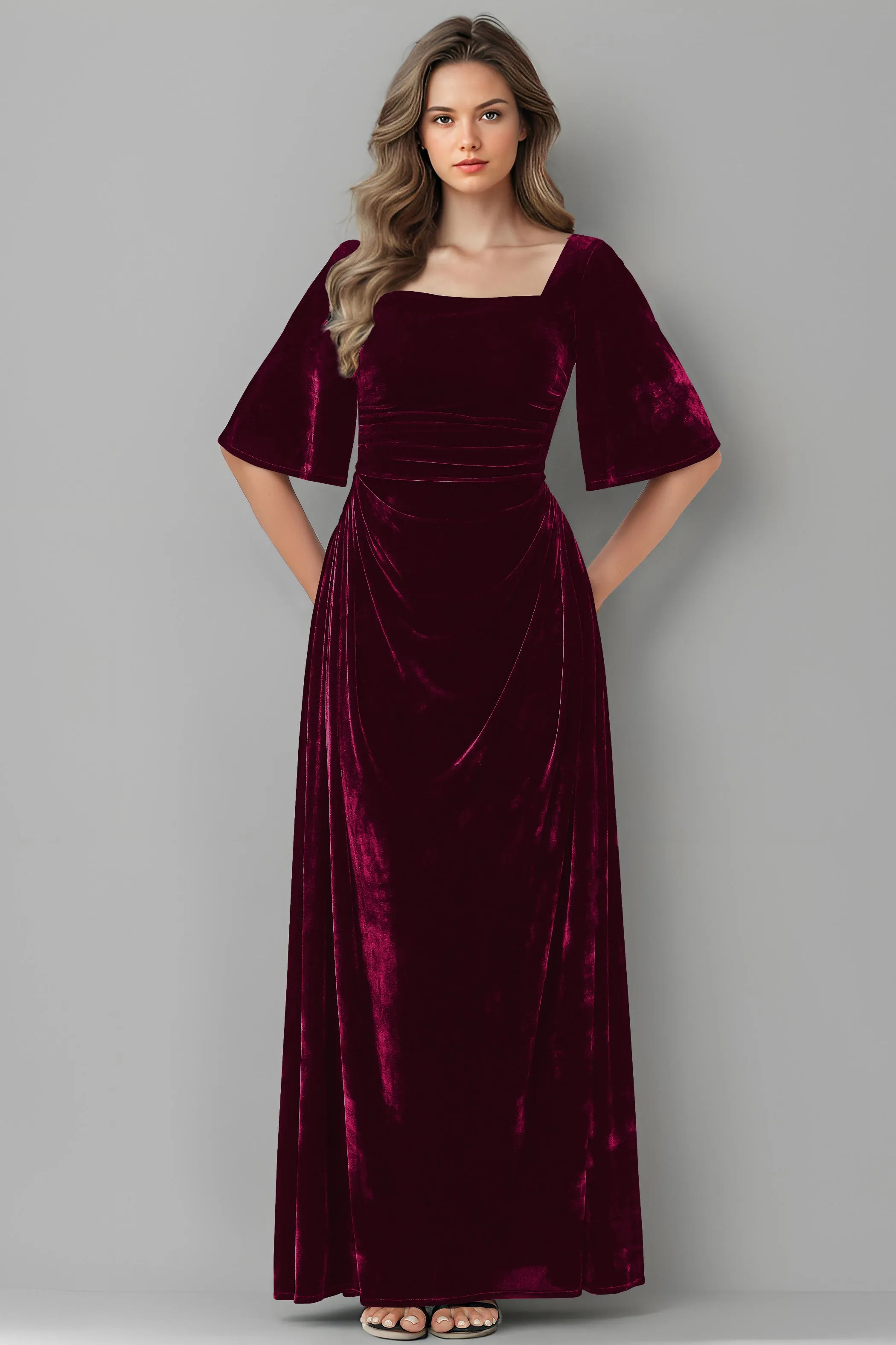 Square Neck Simple A Line Half Sleeves Velvet Bridesmaid Dresses