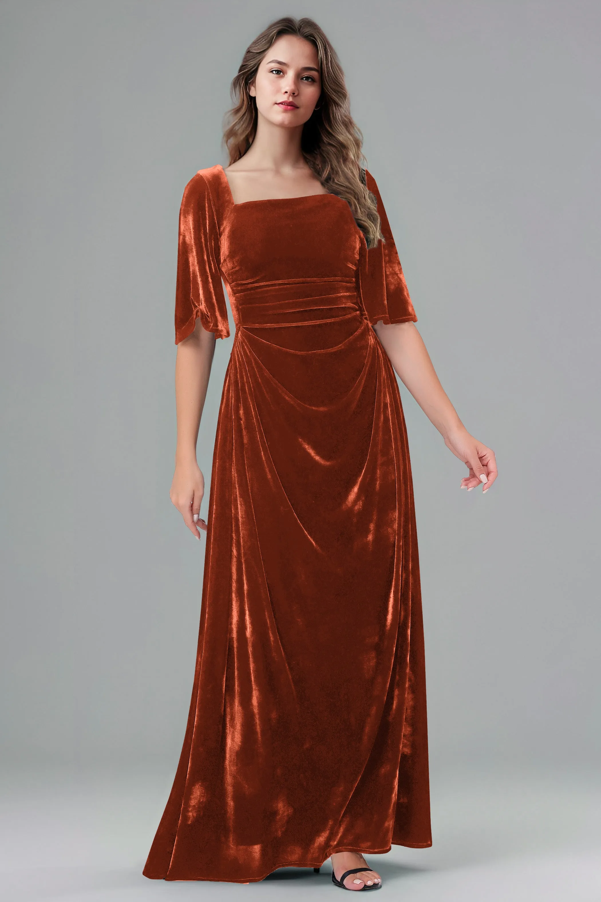 Square Neck Simple A Line Half Sleeves Velvet Bridesmaid Dresses