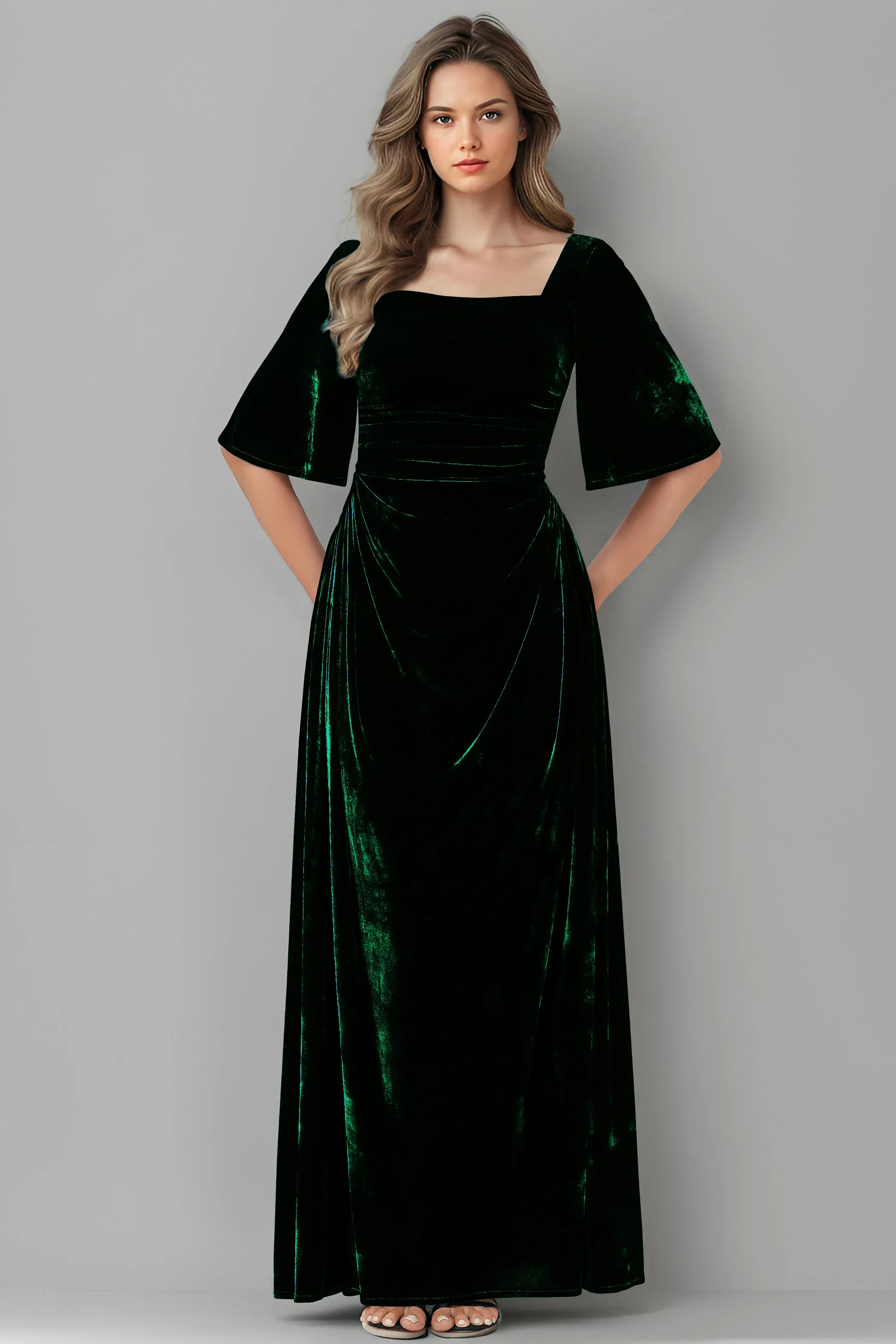 Square Neck Simple A Line Half Sleeves Velvet Bridesmaid Dresses