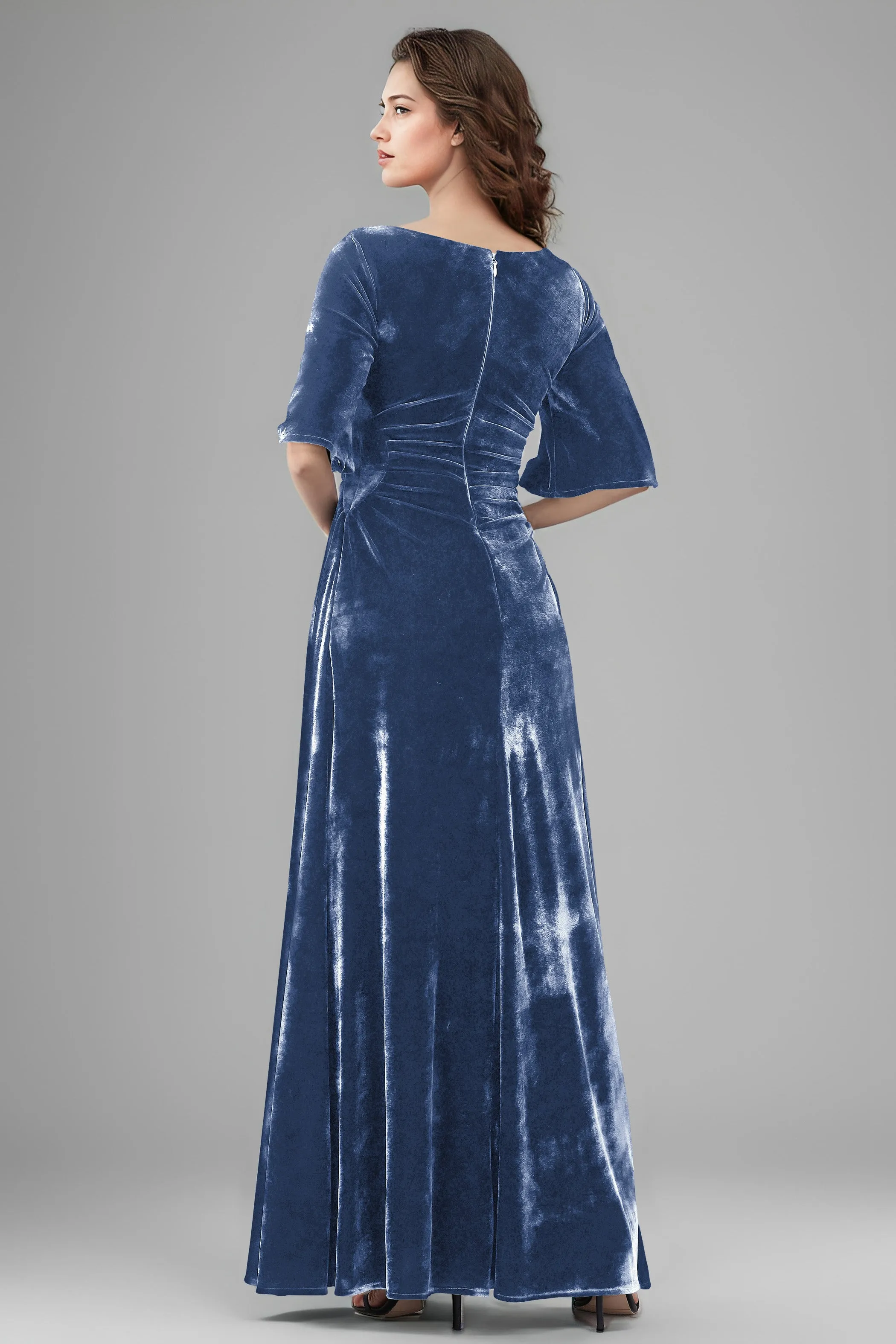 Square Neck Simple A Line Half Sleeves Velvet Bridesmaid Dresses