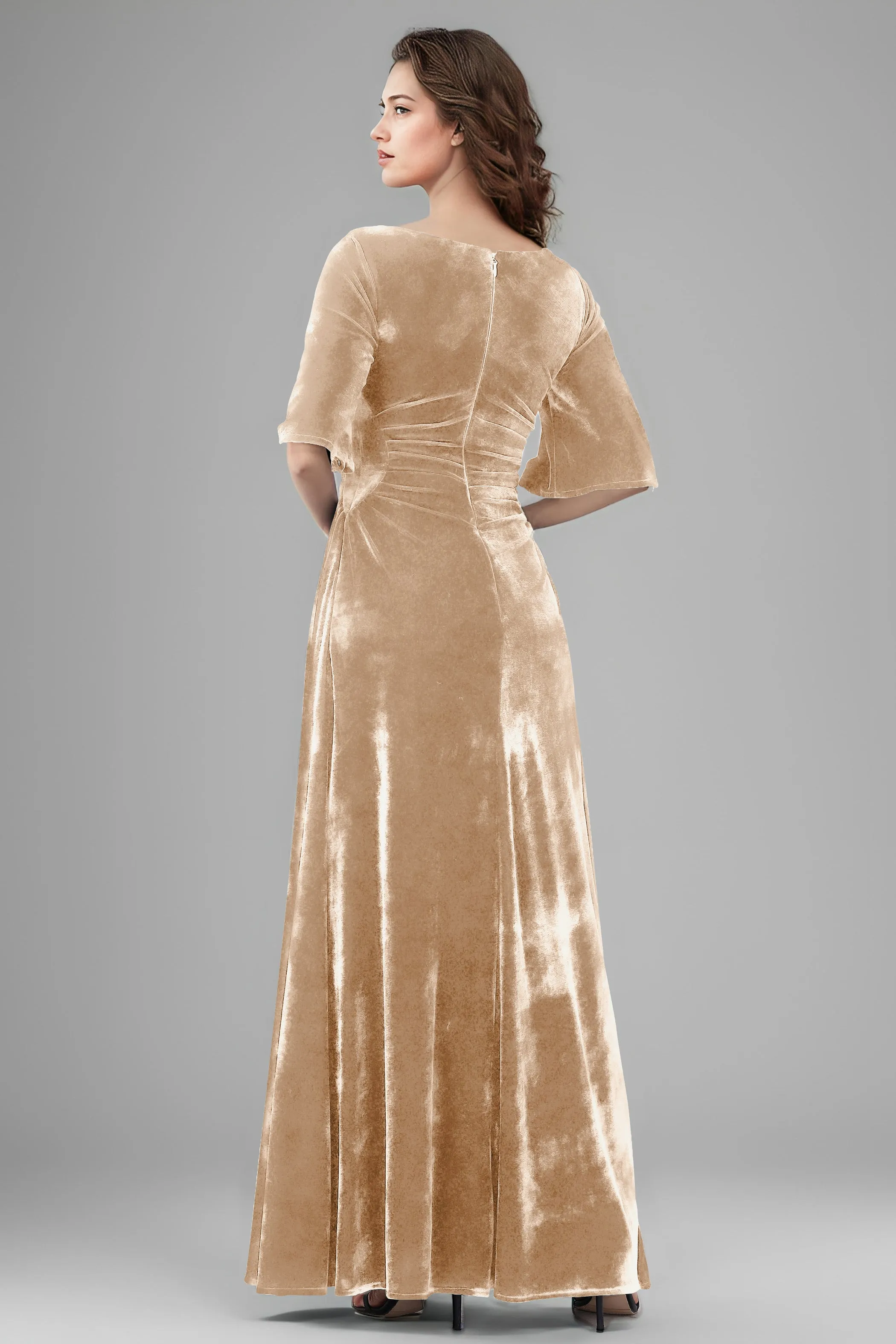 Square Neck Simple A Line Half Sleeves Velvet Bridesmaid Dresses